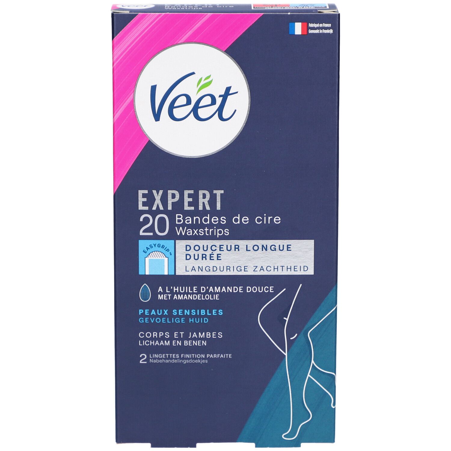 Verpakking Veet Expert Waxstrips. Bevat 20 strips. Blauwe en roze kleuren. Franse vlag.