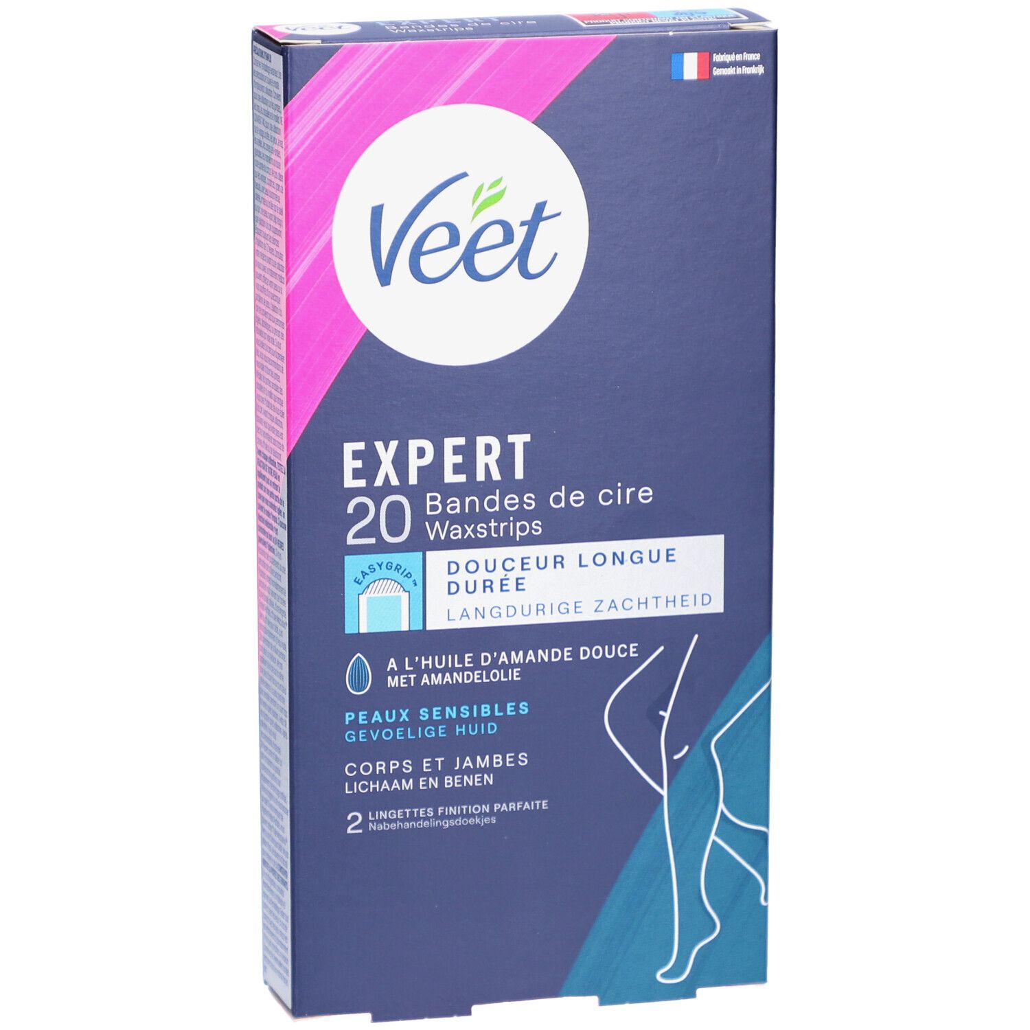 Verpakking Veet Expert Waxstrips. Bevat 20 strips. Blauwe en roze kleuren. Franse vlag.