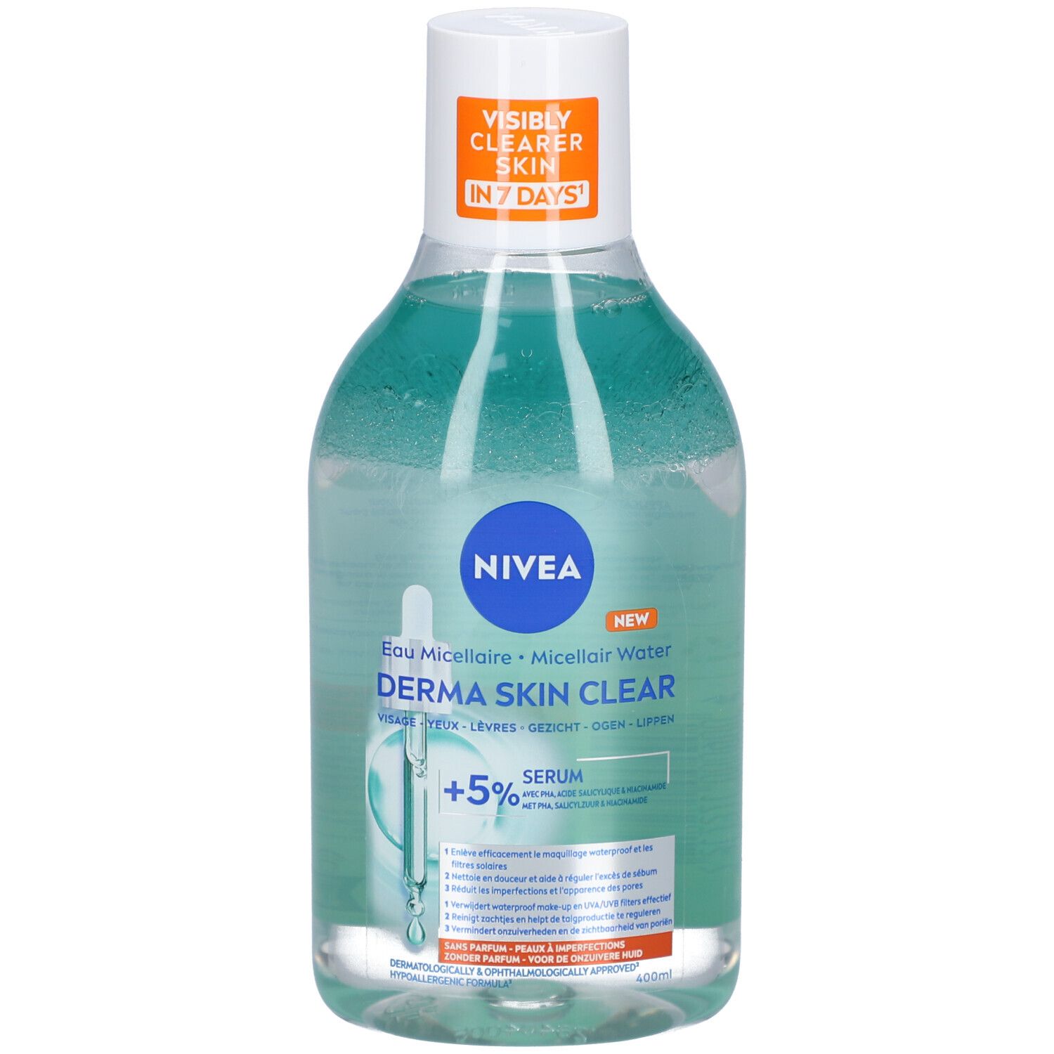 Transparante fles Nivea Derma Skin Clear. Blauwe vloeistof. Witte dop. Zichtbare opschriften.