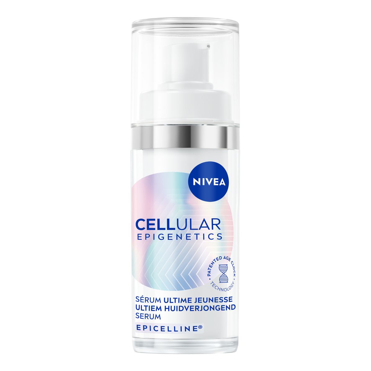 Sérum blanc avec pompe et bouchon transparent. Inscription: Nivea Cellular Epigenetics.