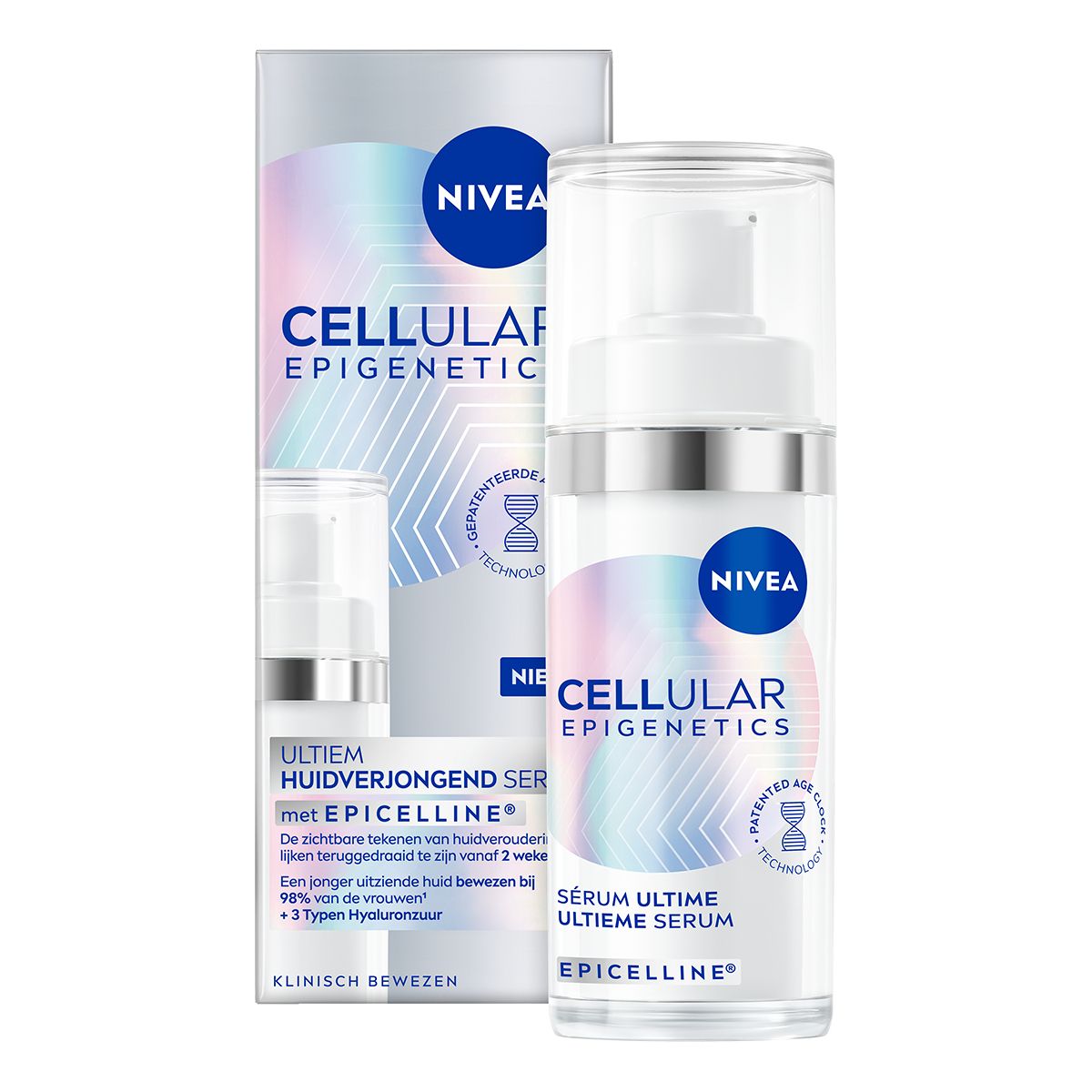 Wit serum met pomp en transparante dop. Opschrift: Nivea Cellular Epigenetics.
