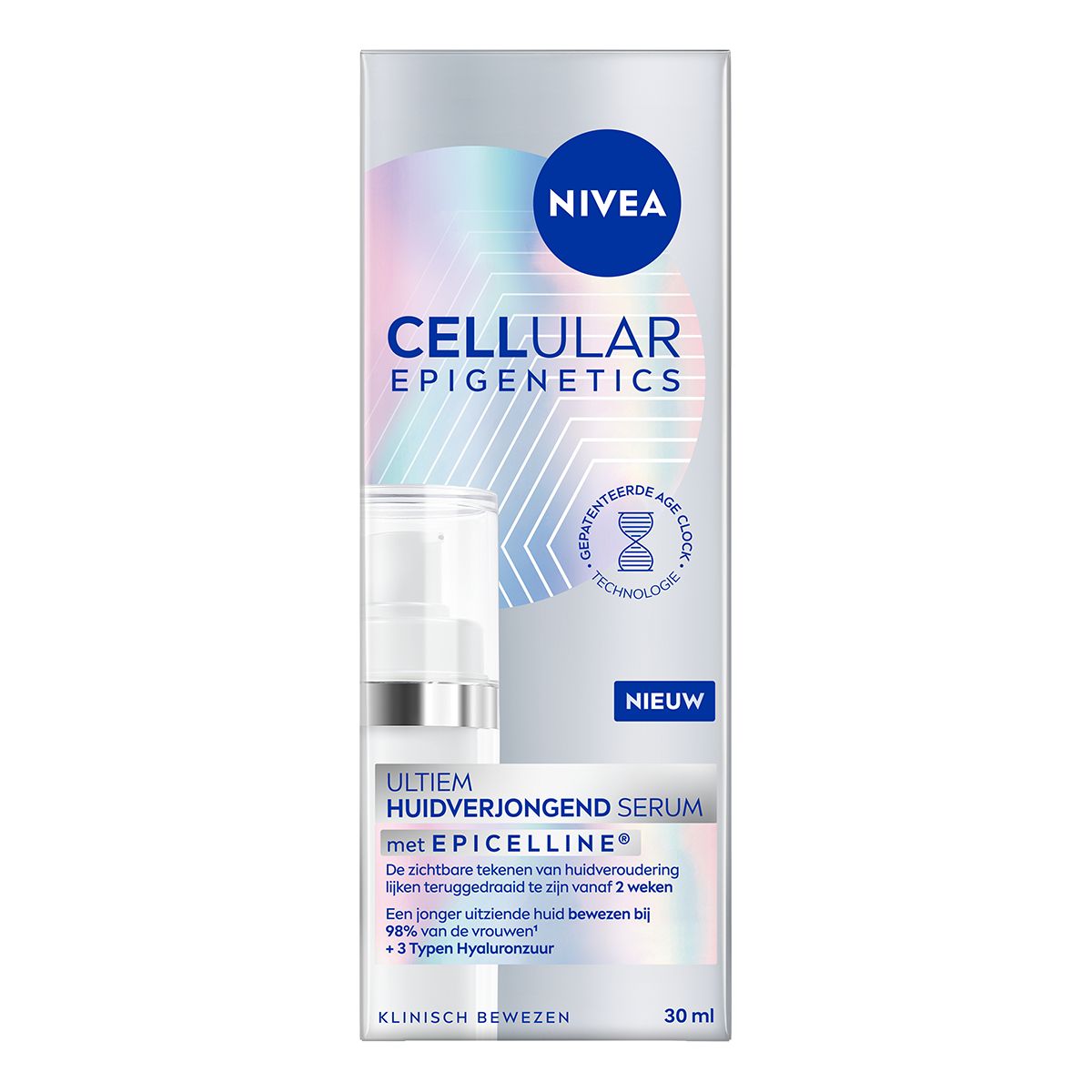 Productverpakking met serum en doos. Opschrift: Nivea Cellular Epigenetics. Met doos.