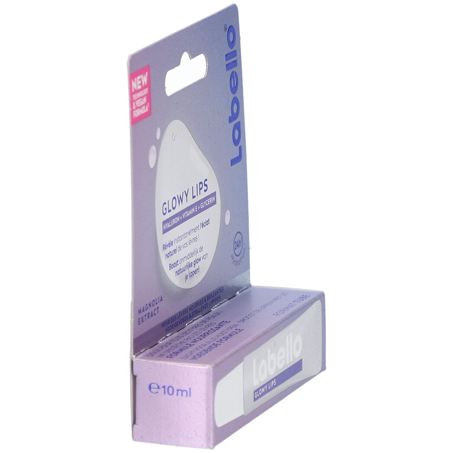 Labello Glowy Lips lipverzorging in verpakking. Hoekweergave. Bevat hyaluron, vitamine E en glycerine. Vegan.