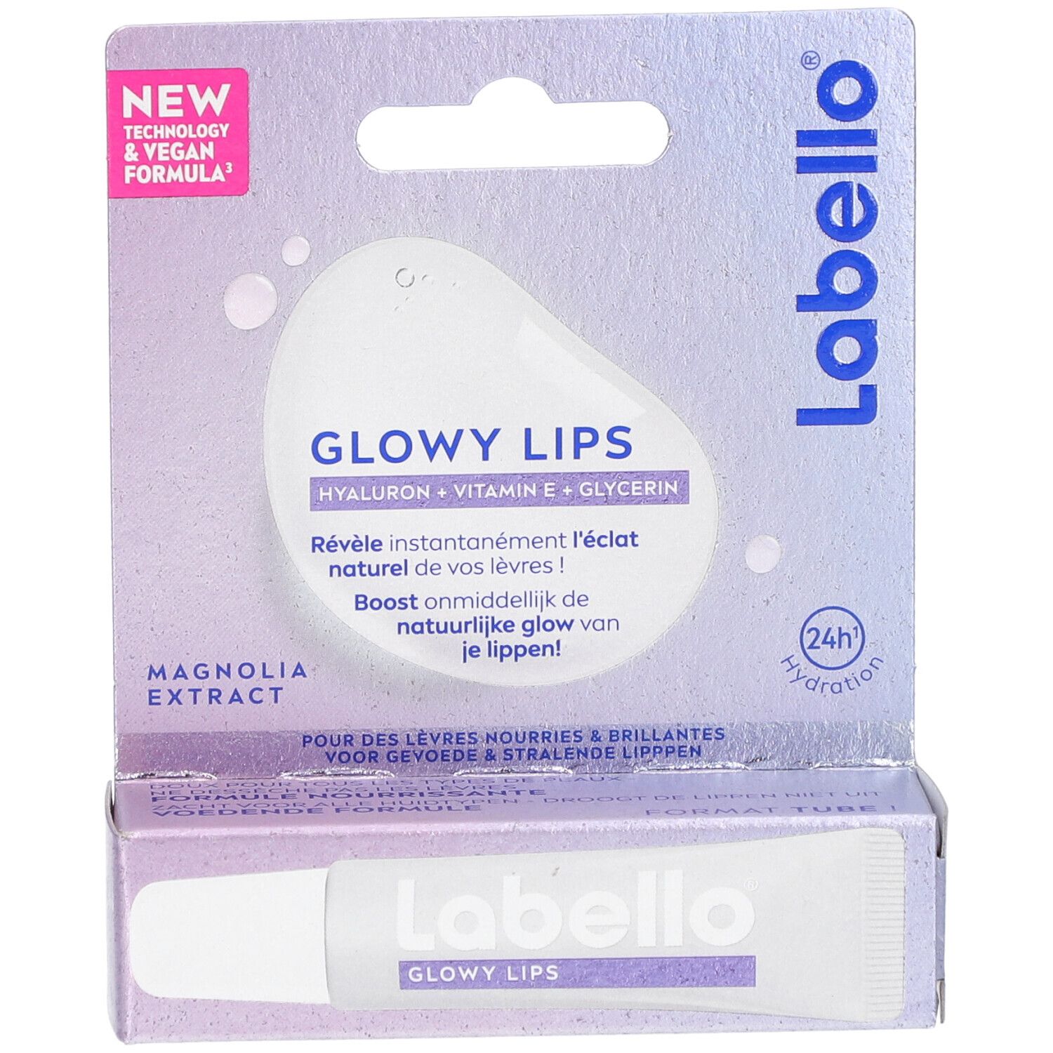 Labello Glowy Lips lipverzorging in verpakking. Bevat hyaluron, vitamine E en glycerine. Vegan.