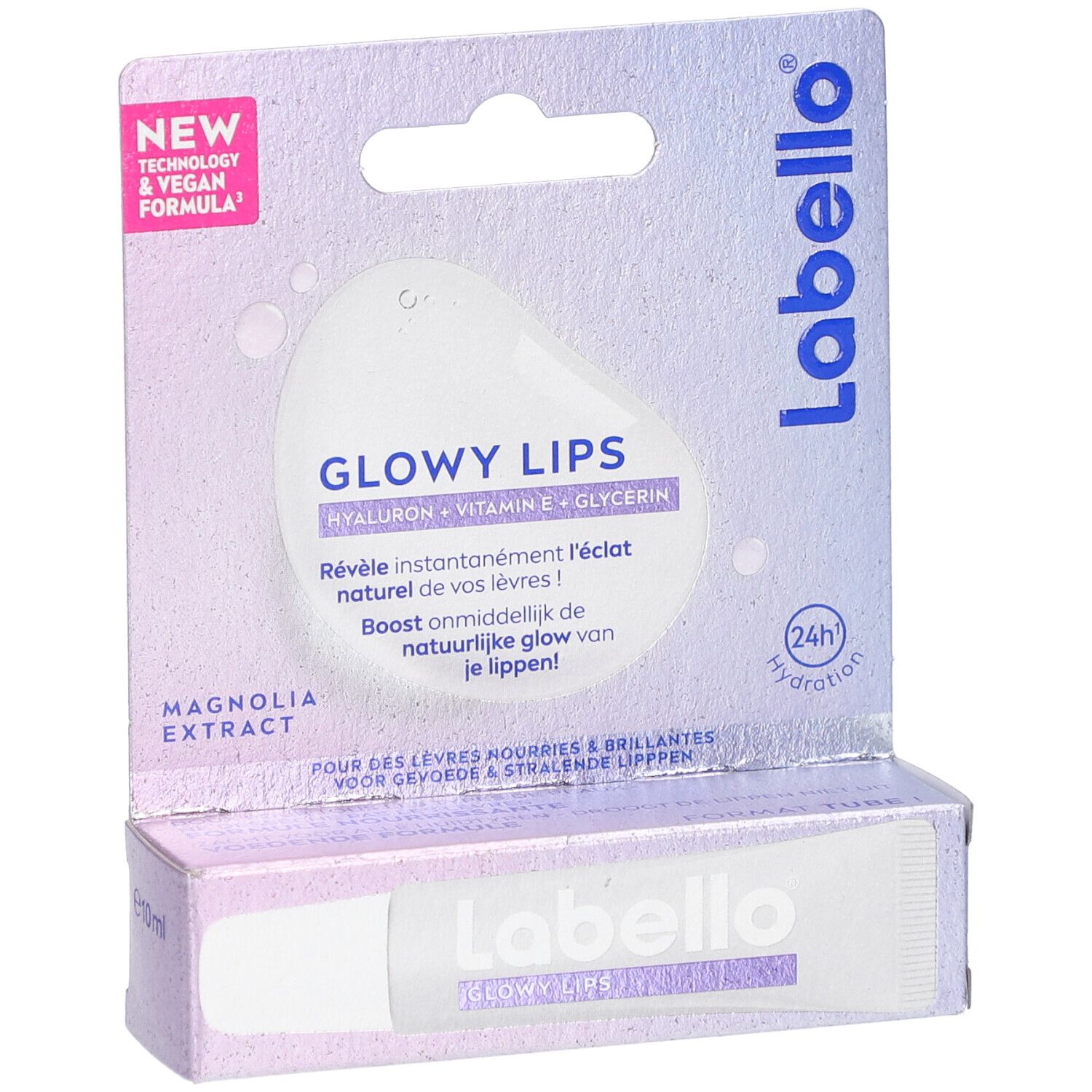 Labello Glowy Lips lipverzorging in verpakking. Bevat hyaluron, vitamine E en glycerine. Vegan.