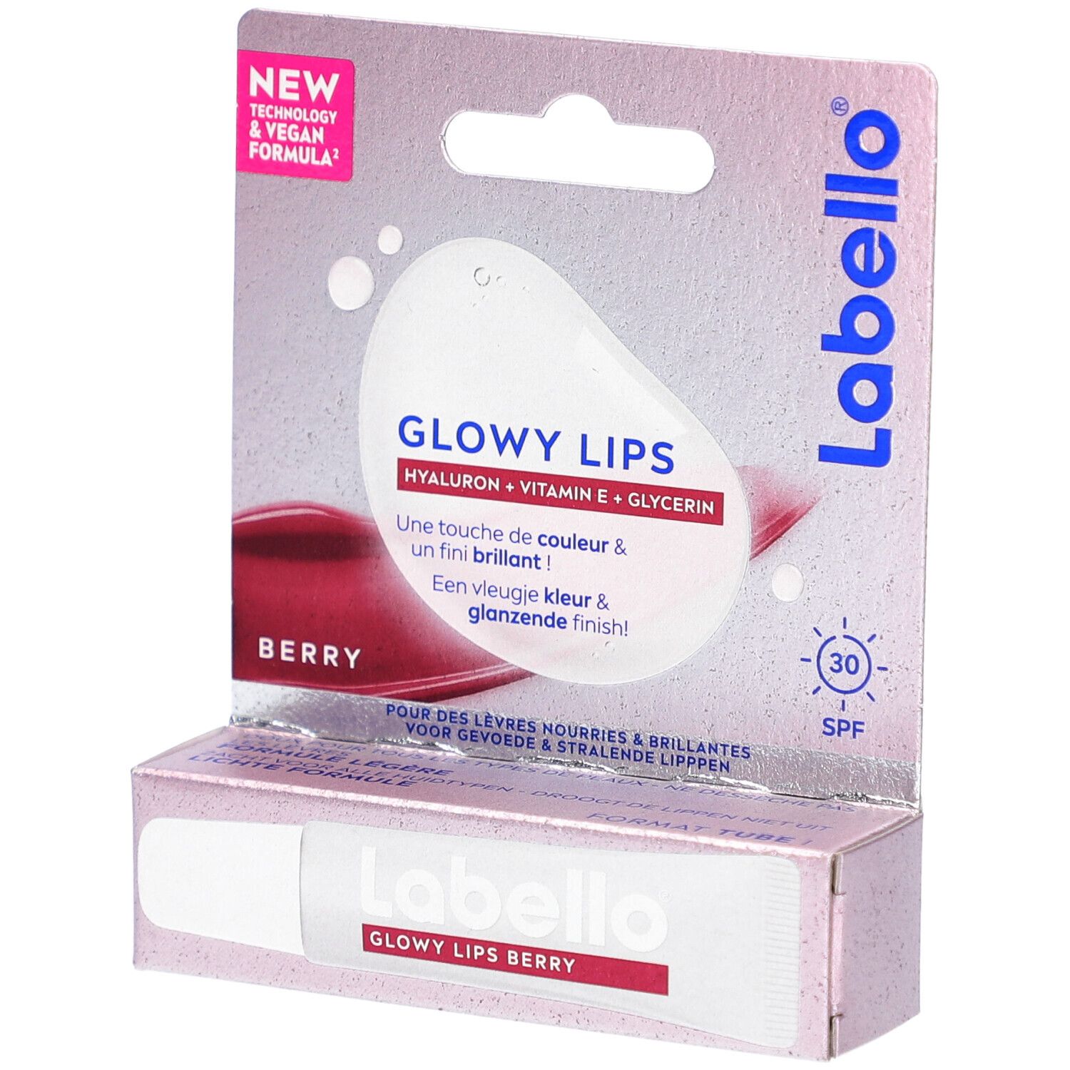Labello Glowy Lips Berry in verpakking. Tube en doos met productinformatie. SPF 30.