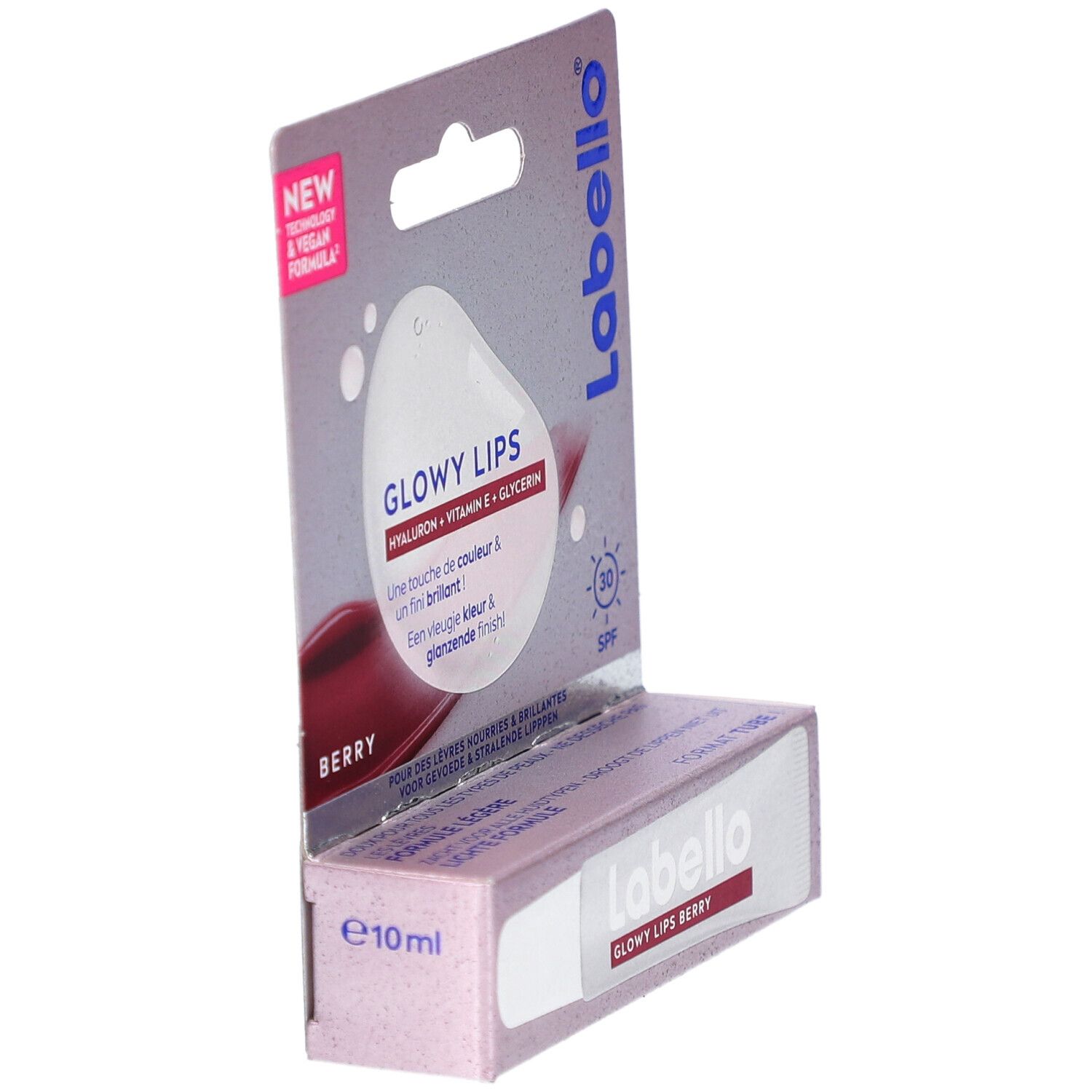 Labello Glowy Lips Berry in verpakking. Doos met productinformatie. E10ml.