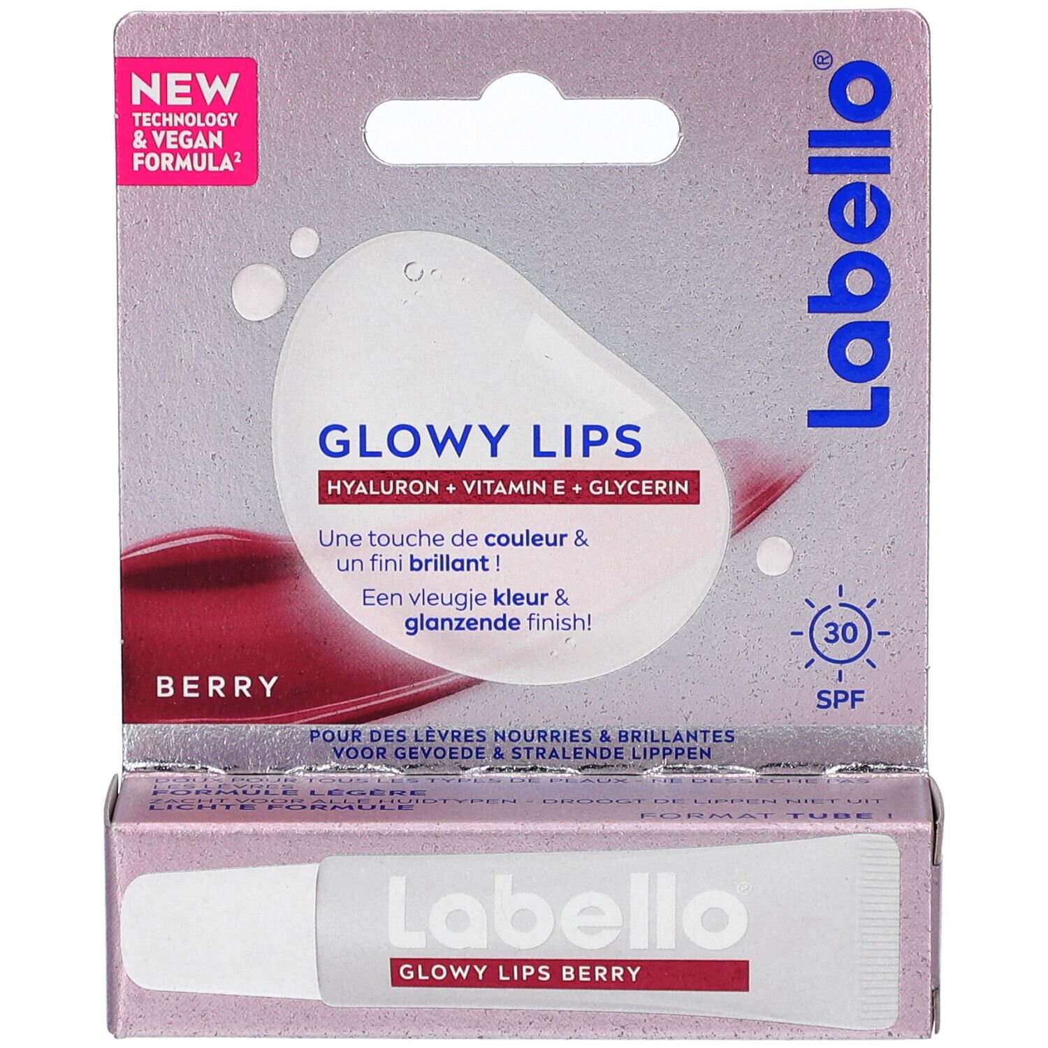 Labello Glowy Lips Berry in verpakking. Tube en doos met productinformatie. SPF 30.