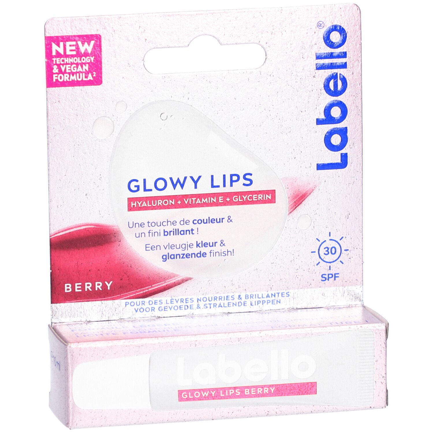Labello Glowy Lips Berry in verpakking. Tube en doos met productinformatie. SPF 30.
