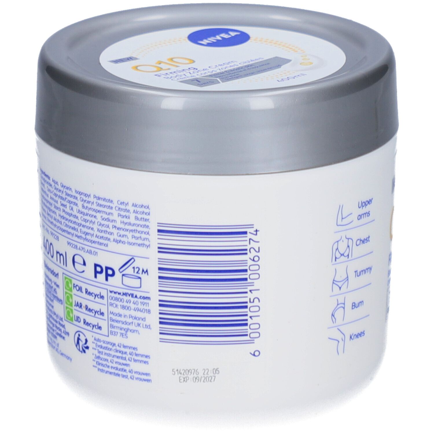 Dos d'un pot blanc avec couvercle argenté. Code-barres et informations sur les ingrédients et le recyclage.