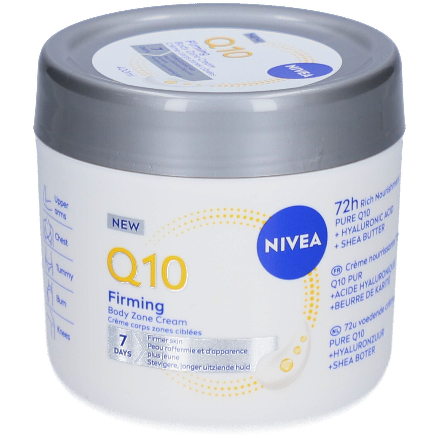 Pot blanc avec couvercle argenté. Inscription : NIVEA Q10 Firming Body Zone Cream. Informations supplémentaires.