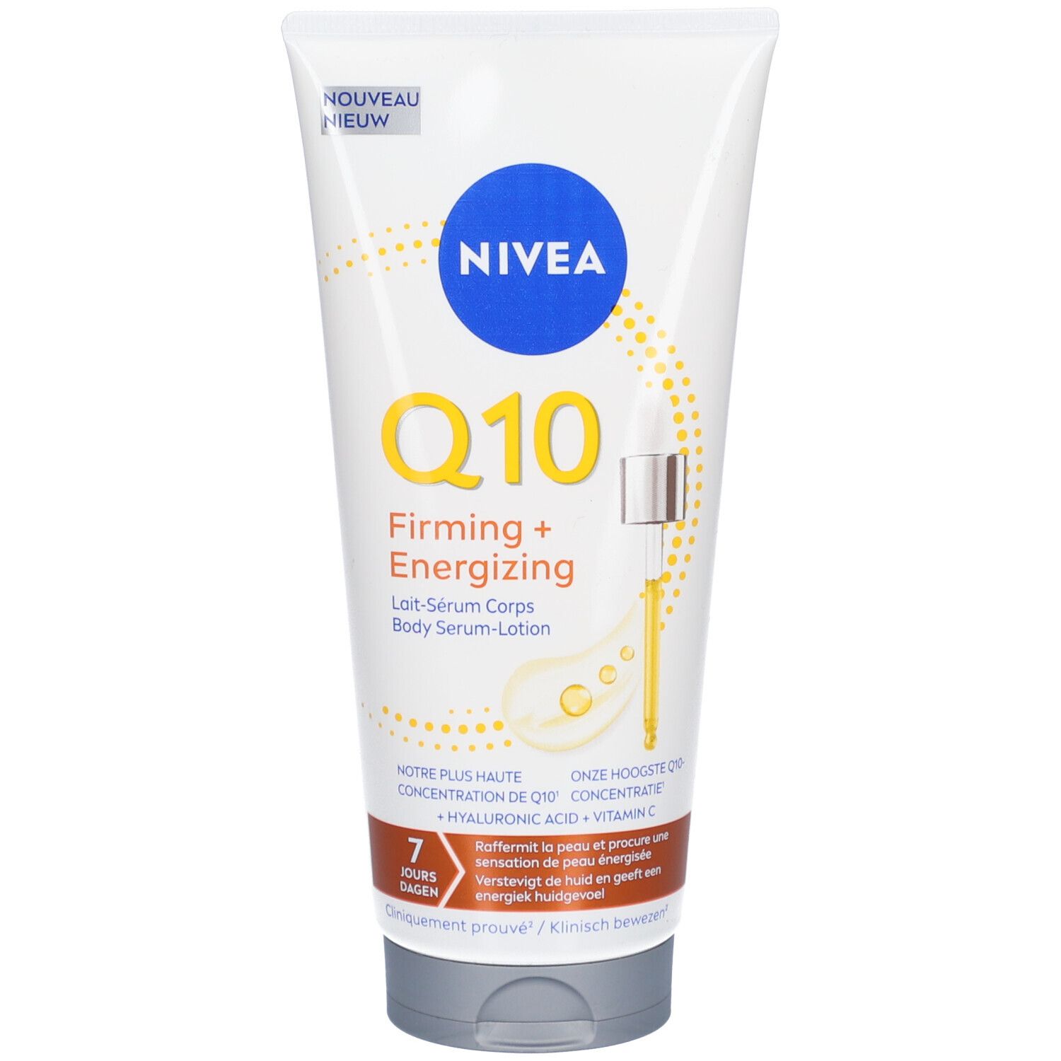 Tube blanc Nivea Q10 Firming + Energizing. Bouchon bleu, détails jaunes. Texte: Q10, Firming + Energizing, Lait-Sérum Corps.