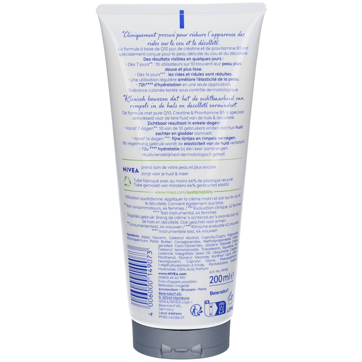 Achterkant van de tube. Meertalige tekst. Ingrediënten en fabrikantinfo. 200ml.