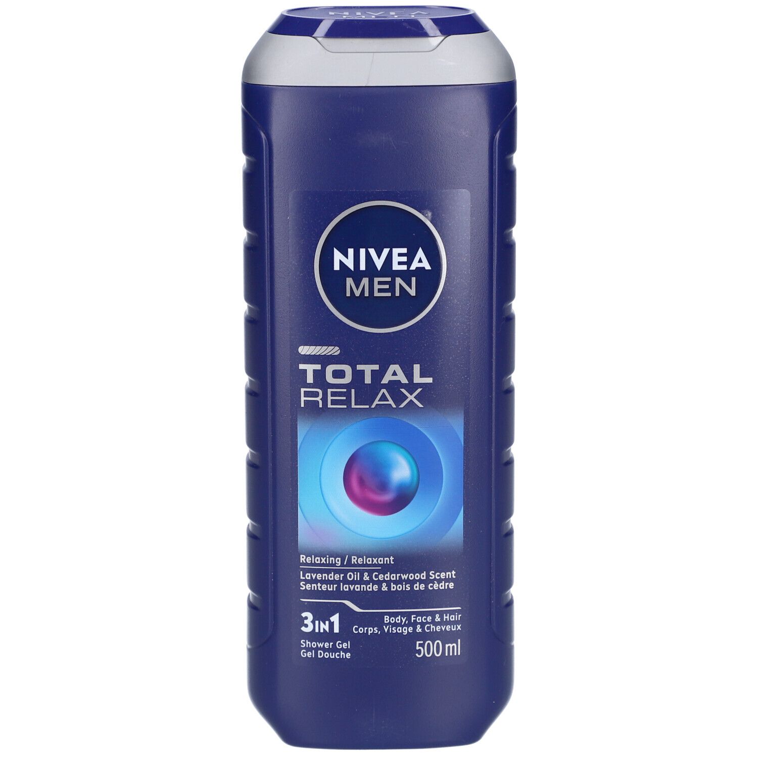 Donkerblauwe fles Nivea Men Total Relax Gel Douche. Witte dop, zilveren rand. Logo en productnaam op de voorkant.