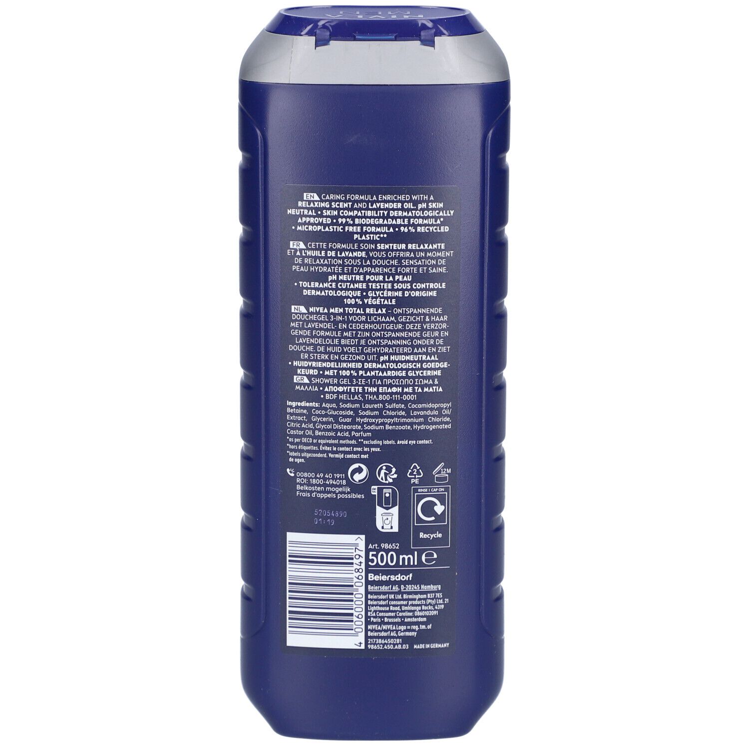 Achterkant van de Nivea Men Total Relax Gel Douche fles. Tekst, ingrediënten, recycling symbool en barcode.