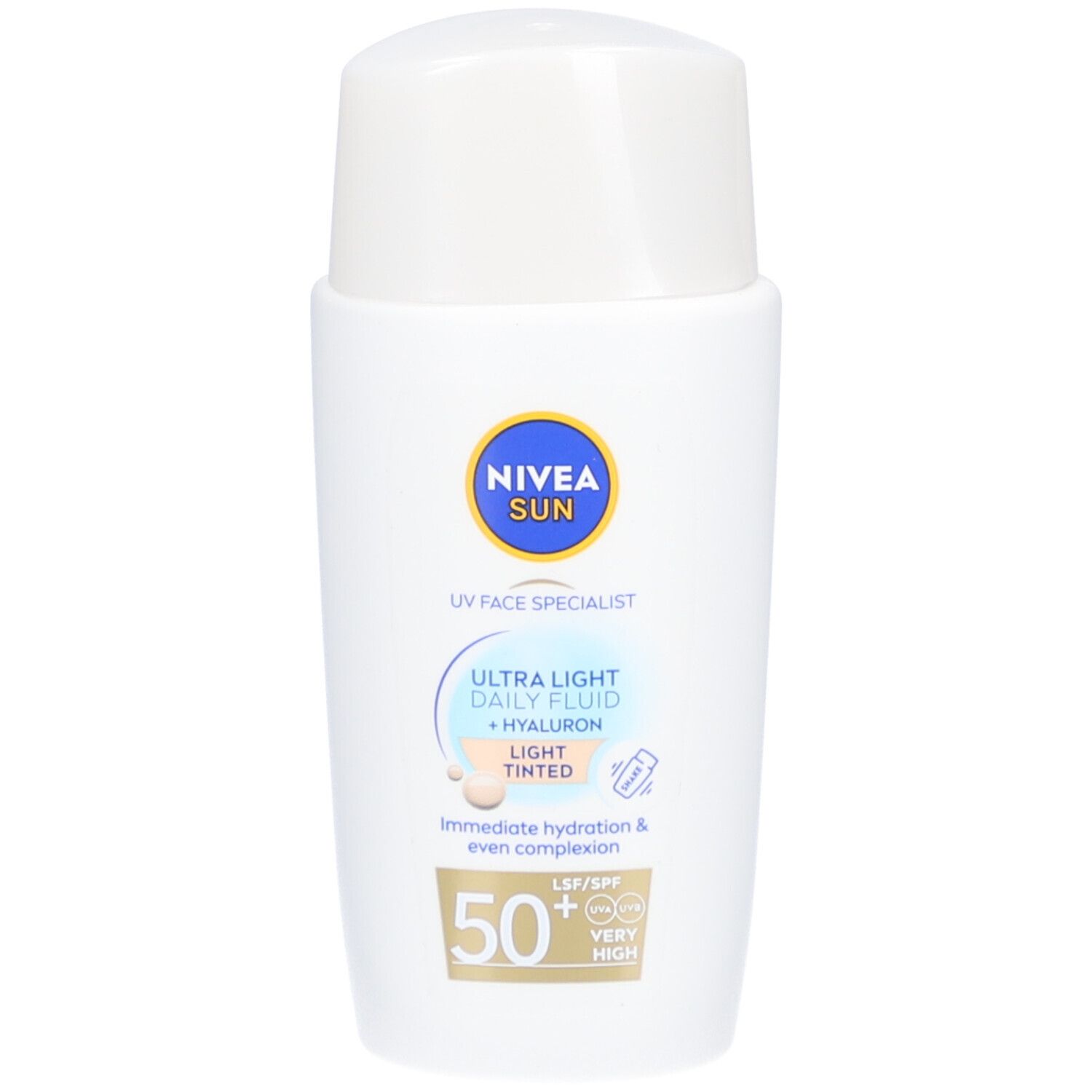 Flacon blanc avec bouchon bleu. Inscription : NIVEA SUN, Ultra Light Daily Fluid + Hyaluron, Light Tinted. SPF 50+.
