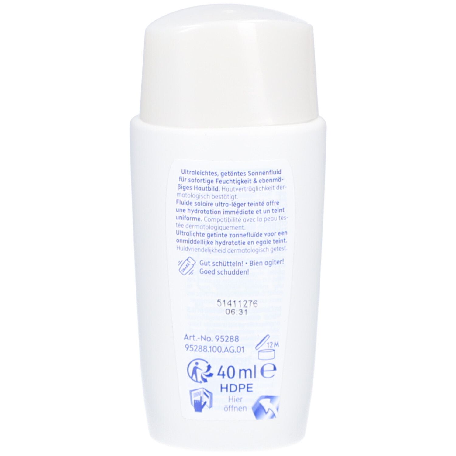 Dos du flacon blanc. Texte en plusieurs langues. Inscription : 40 ml, HDPE, ne pas ouvrir.