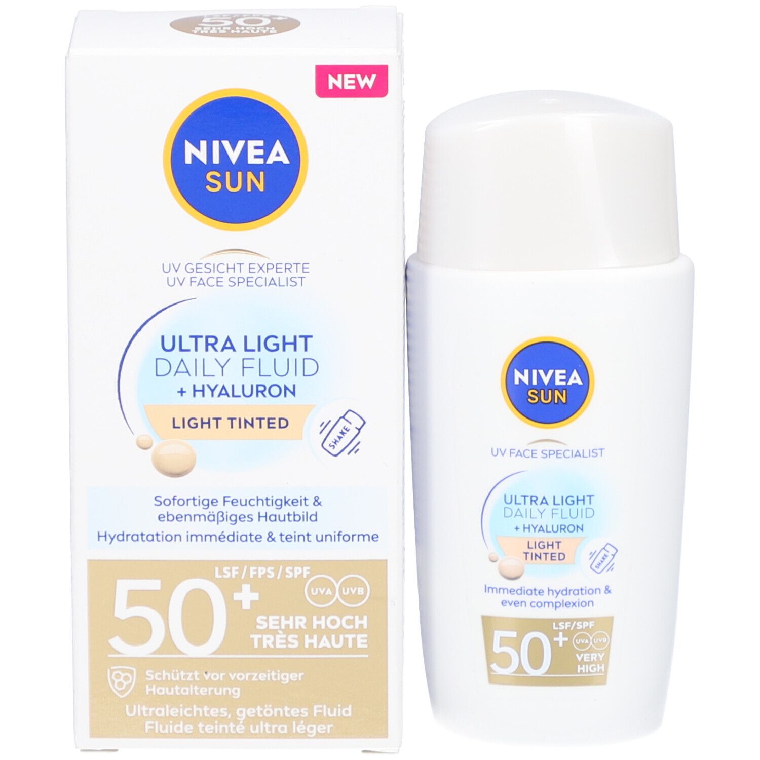 Emballage du produit avec flacon. Inscription : NIVEA SUN, Ultra Light Daily Fluid + Hyaluron, Light Tinted. SPF 50+. Étiquette Nouveau.