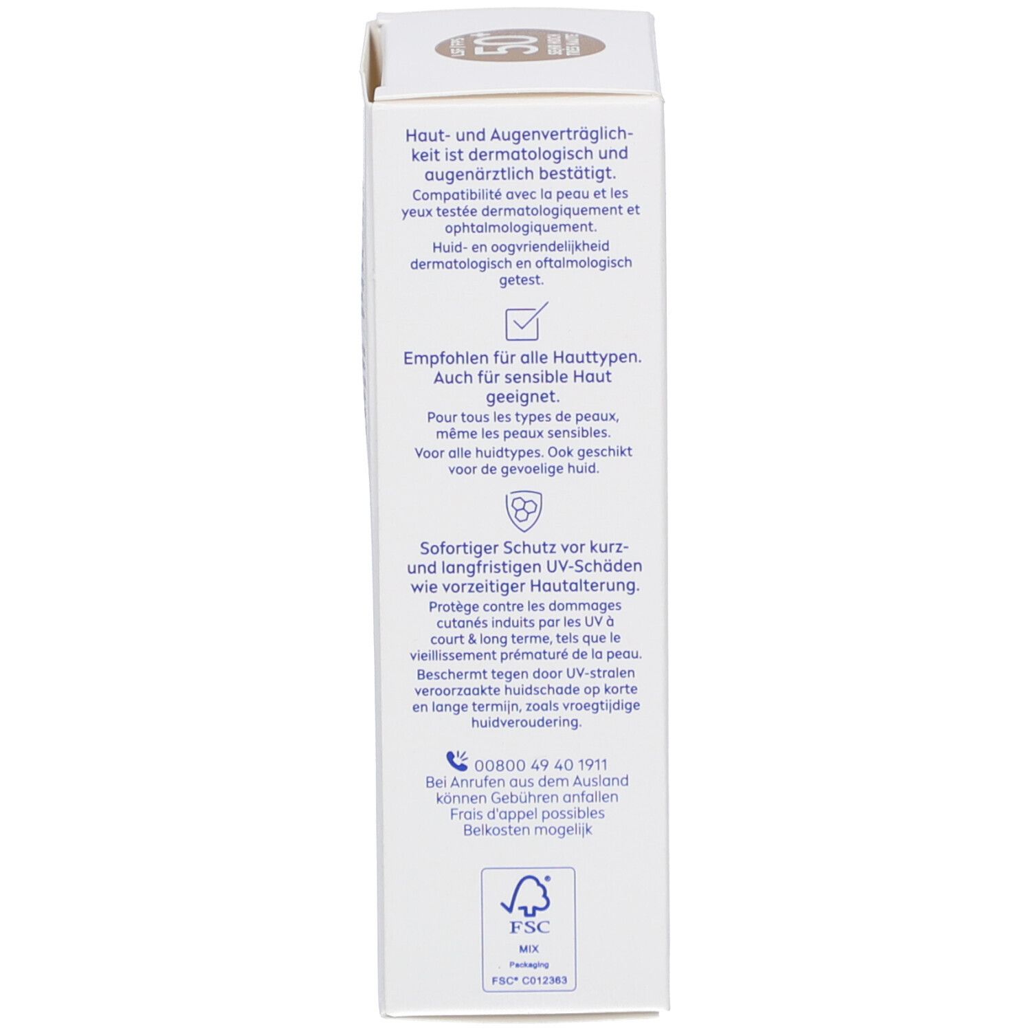 Emballage. Texte en plusieurs langues. Inscription : Convient à tous les types de peau. Testé dermatologiquement.