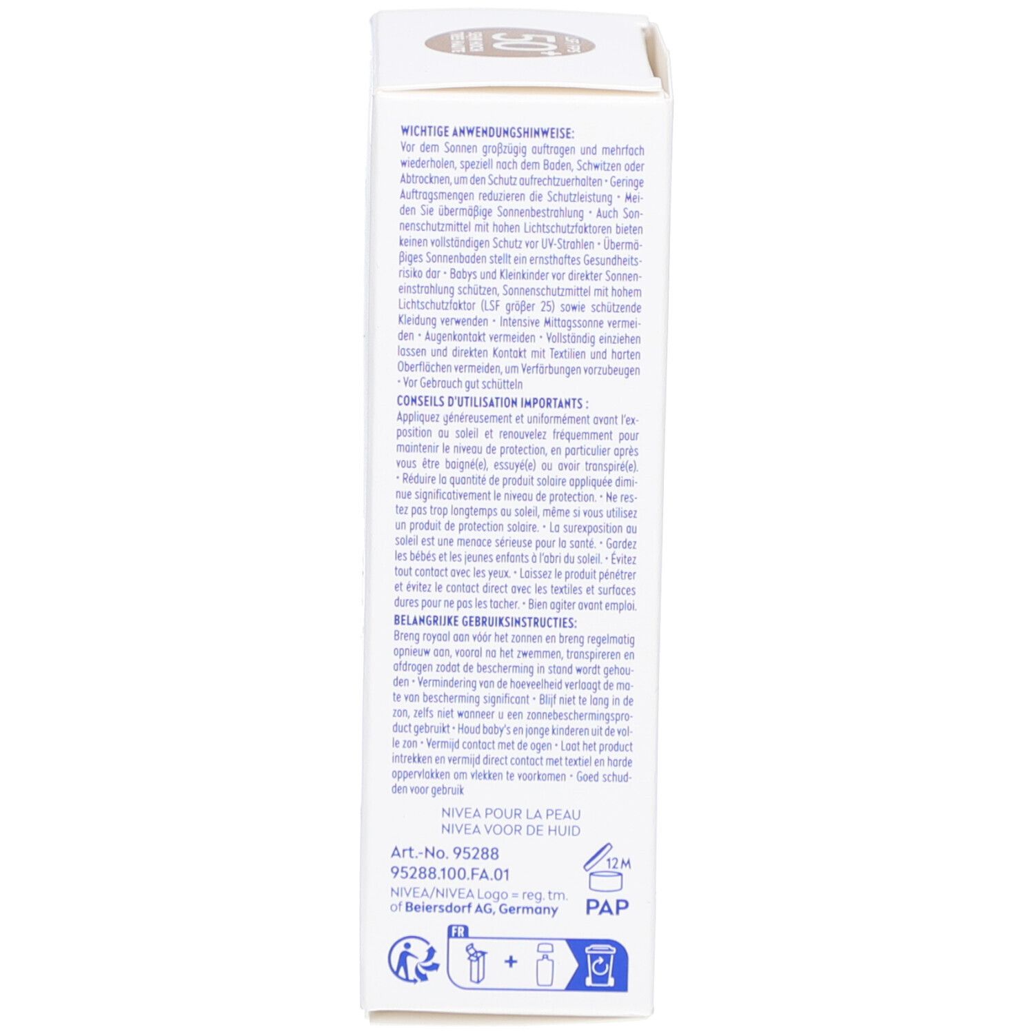 Emballage. Texte en plusieurs langues. Inscription : Conseils d'utilisation. NIVEA POUR LA PEAU.