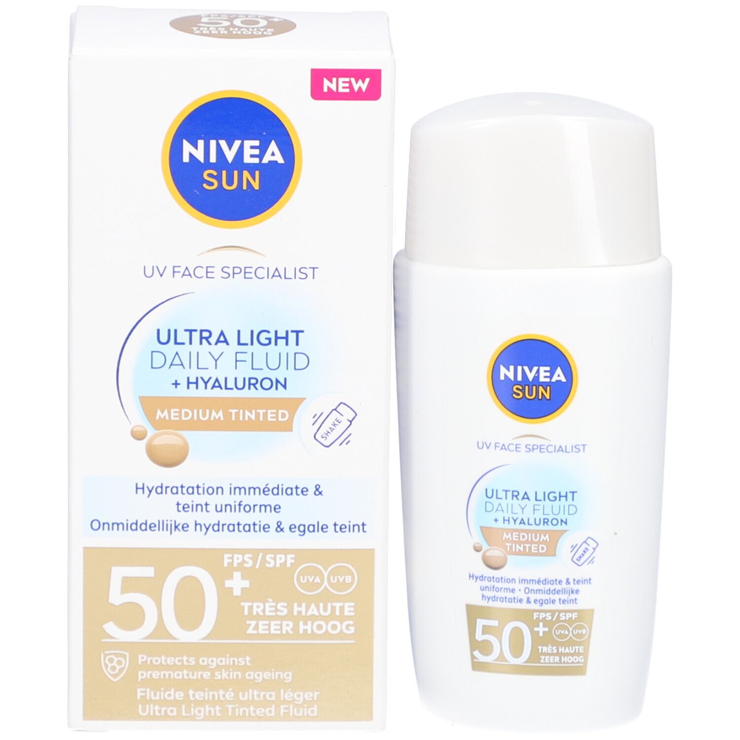 Emballage et flacon. Emballage: blanc avec inscription Nivea Sun, Ultra Light Daily Fluid + Hyaluron, Medium Tinted, SPF 50+.