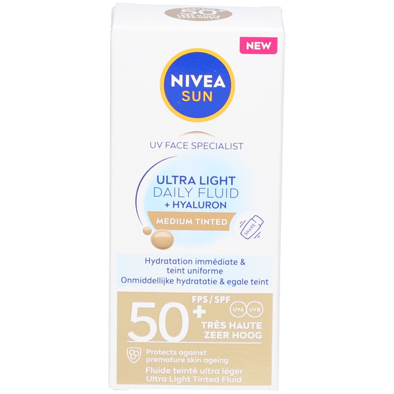 Emballage du produit. Blanc avec inscription Nivea Sun, Ultra Light Daily Fluid + Hyaluron, Medium Tinted, SPF 50+.