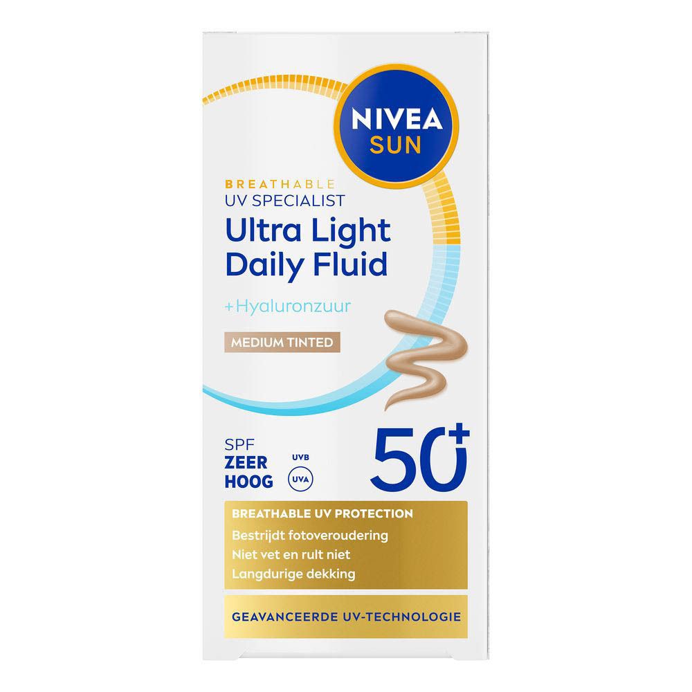 Nivea Sun Ultra Light Daily Fluid + Hyaluron, Medium Tinted. Verpakking. SPF 50+.