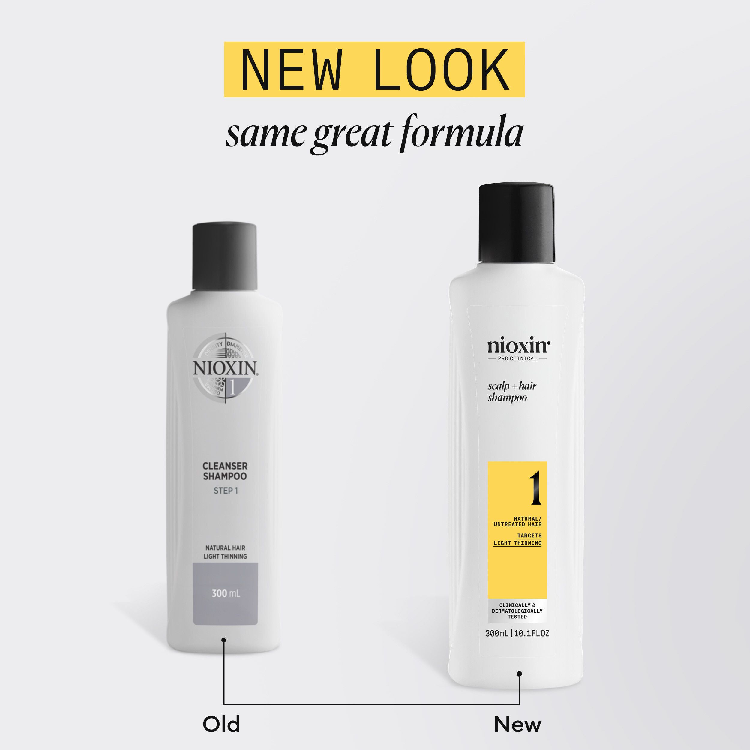Vergelijking: oude en nieuwe fles. Beide wit met zwarte dop. Opschrift: Nioxin, Shampoo. 300ml.