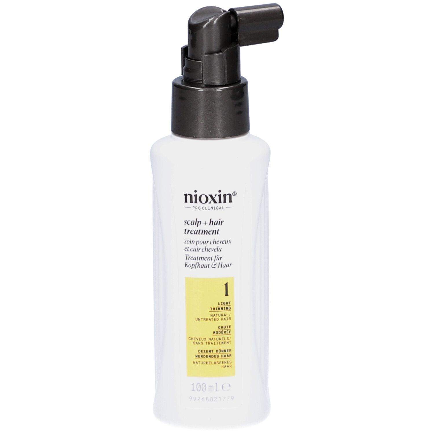 Flacon blanc avec vaporisateur noir. Inscriptions: Nioxin, Scalp + Hair Treatment, 1, pour cheveux clairsemés. 100ml.