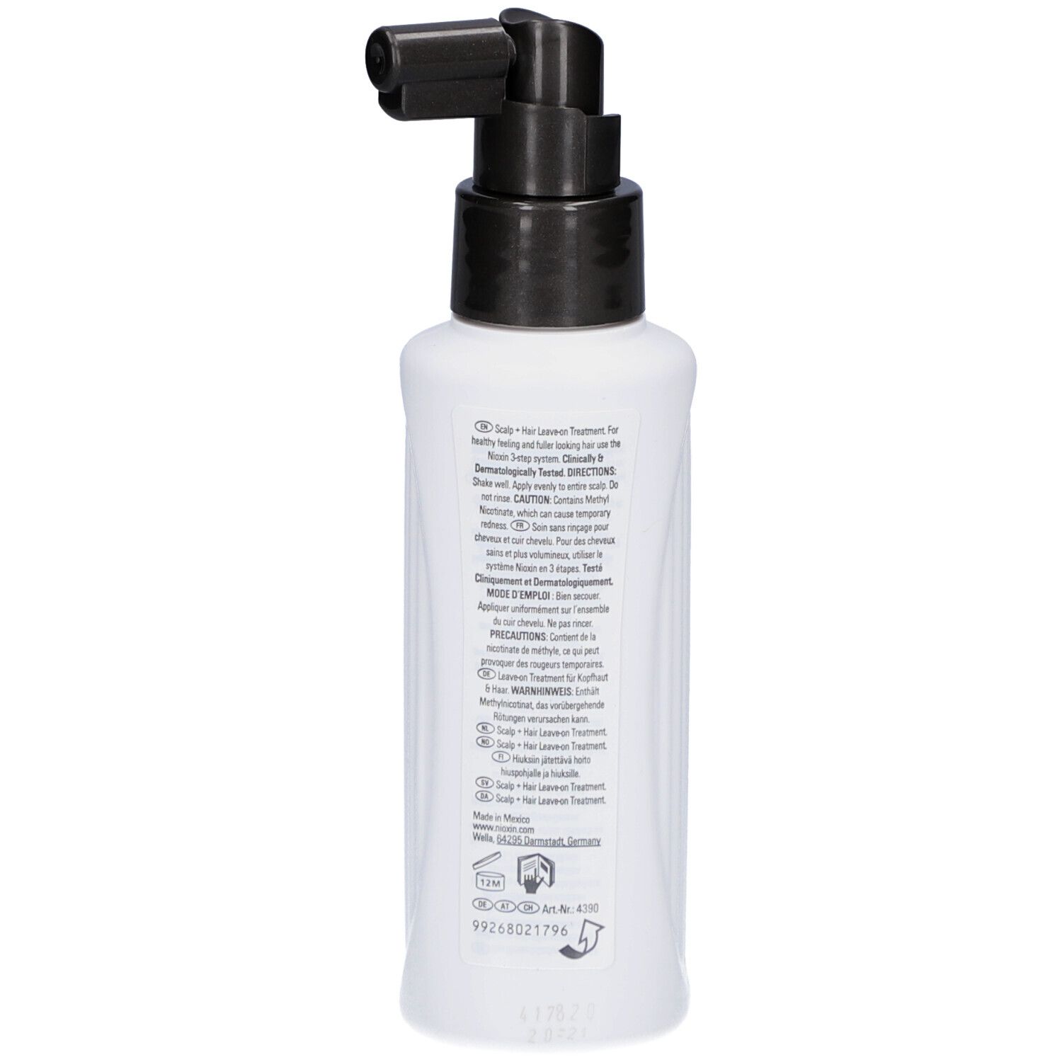 Dos d'un flacon blanc avec vaporisateur noir. Texte multilingue. Informations d'utilisation et avertissements.