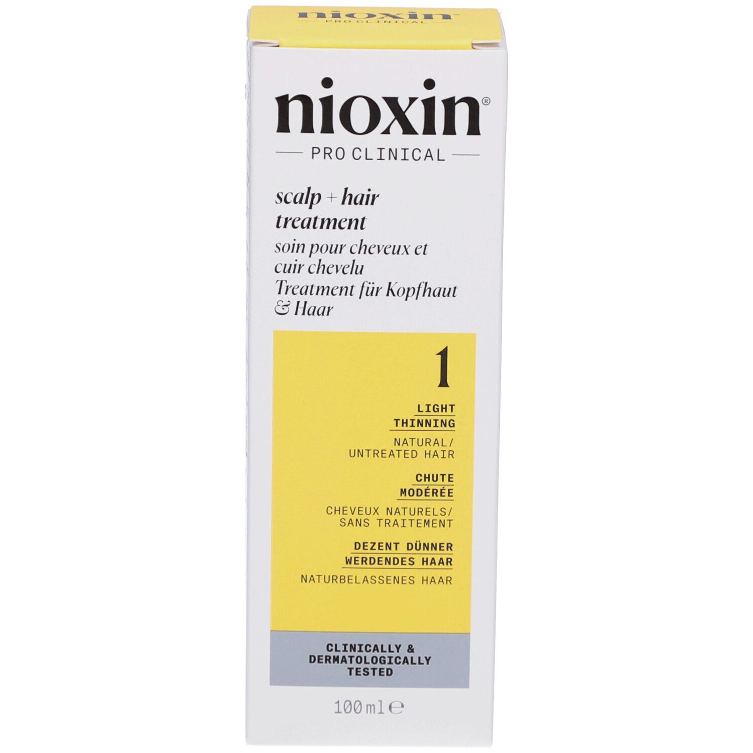 Boîte blanche avec accent jaune. Inscriptions: Nioxin, Scalp + Hair Treatment, 1, pour cheveux clairsemés. 100ml. Testé cliniquement et dermatologiquement.