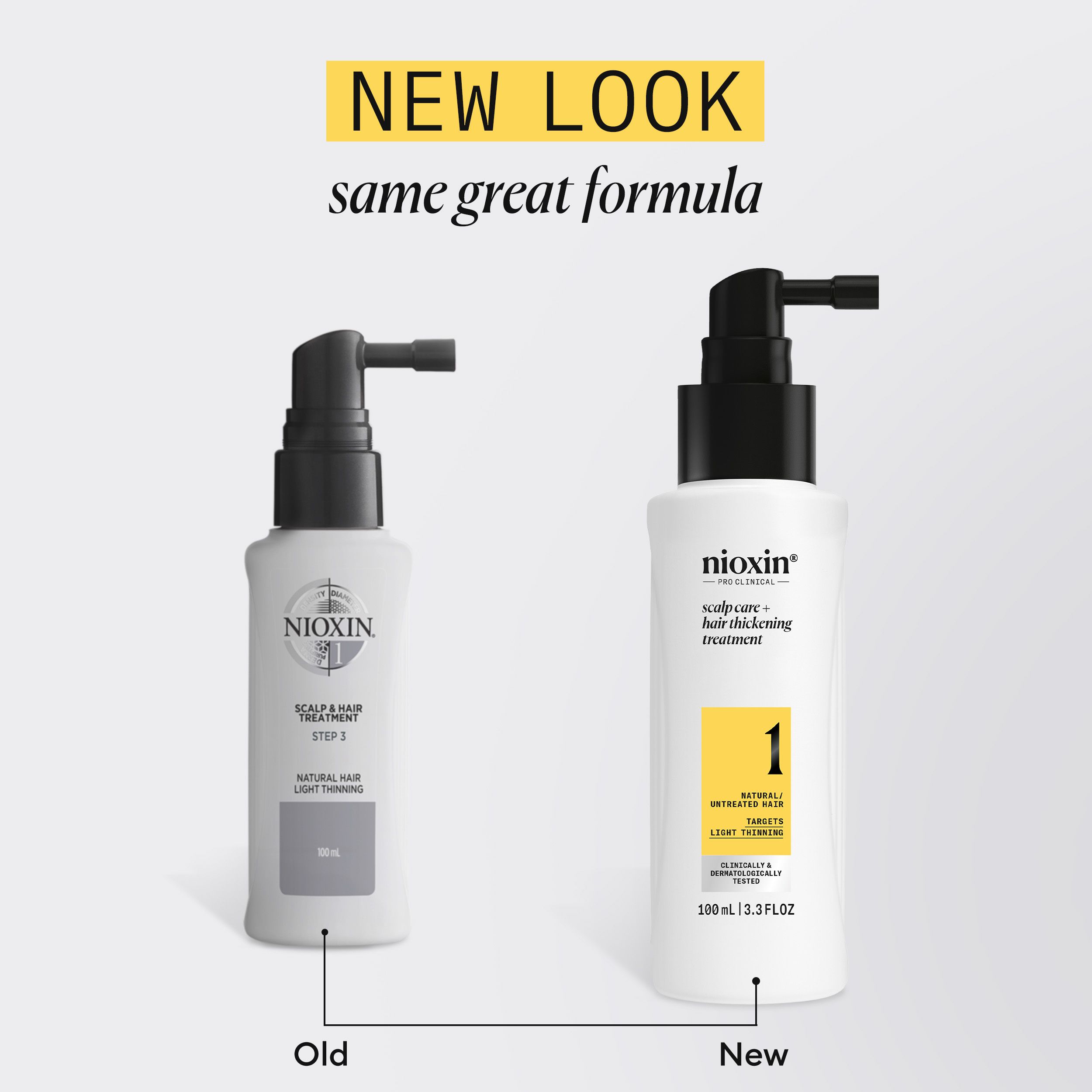 Vergelijking van twee flessen. Links: ouder ontwerp. Rechts: nieuw ontwerp. Opschrift: Nioxin, Scalp + Hair Treatment, 1, 100ml.