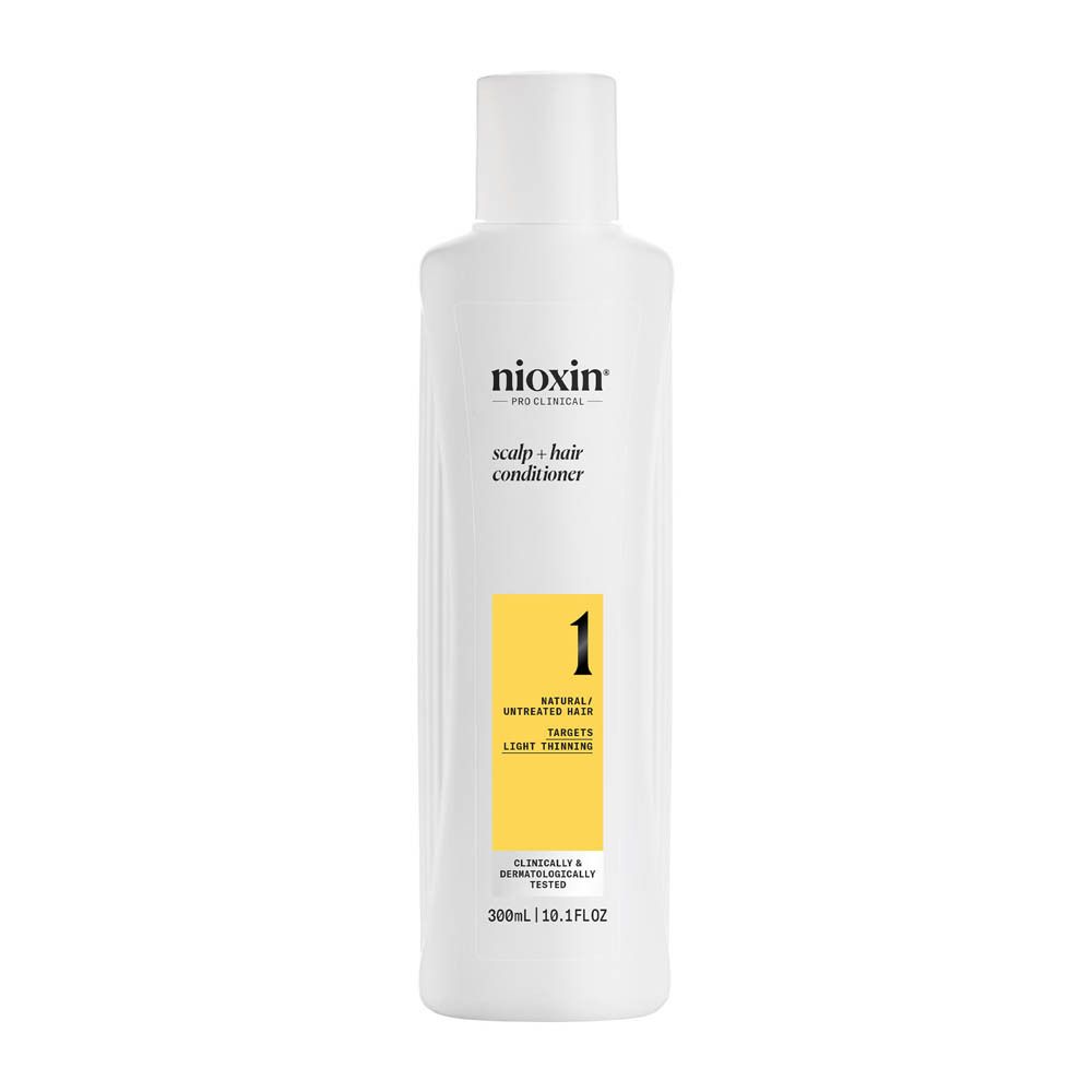Bouteille blanche de revitalisant Nioxin Scalp Hair avec étiquette jaune et le chiffre 1.