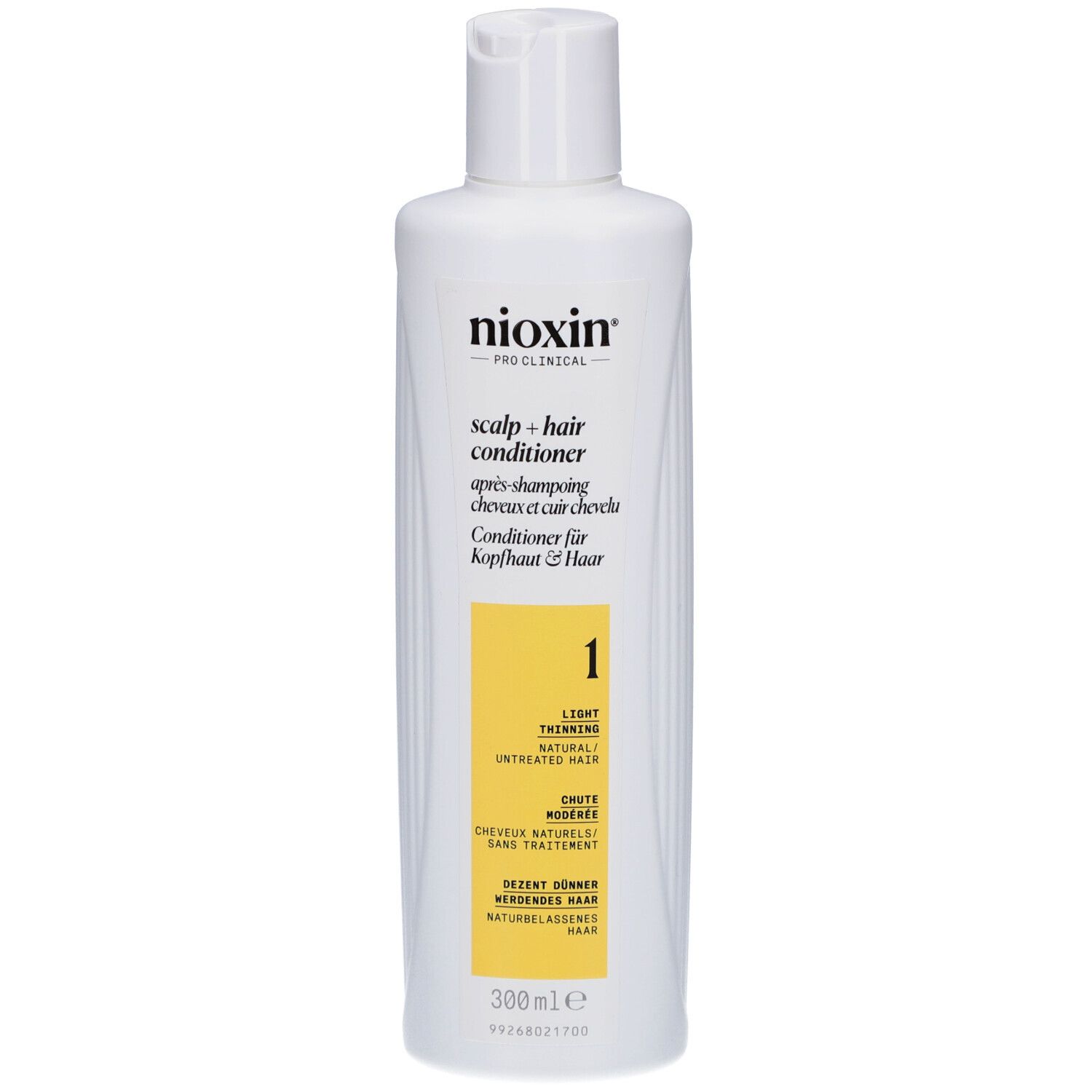 Flacon blanc avec étiquette jaune. Inscription: Nioxin, Scalp & Hair Conditioner, 1, pour cheveux clairsemés.