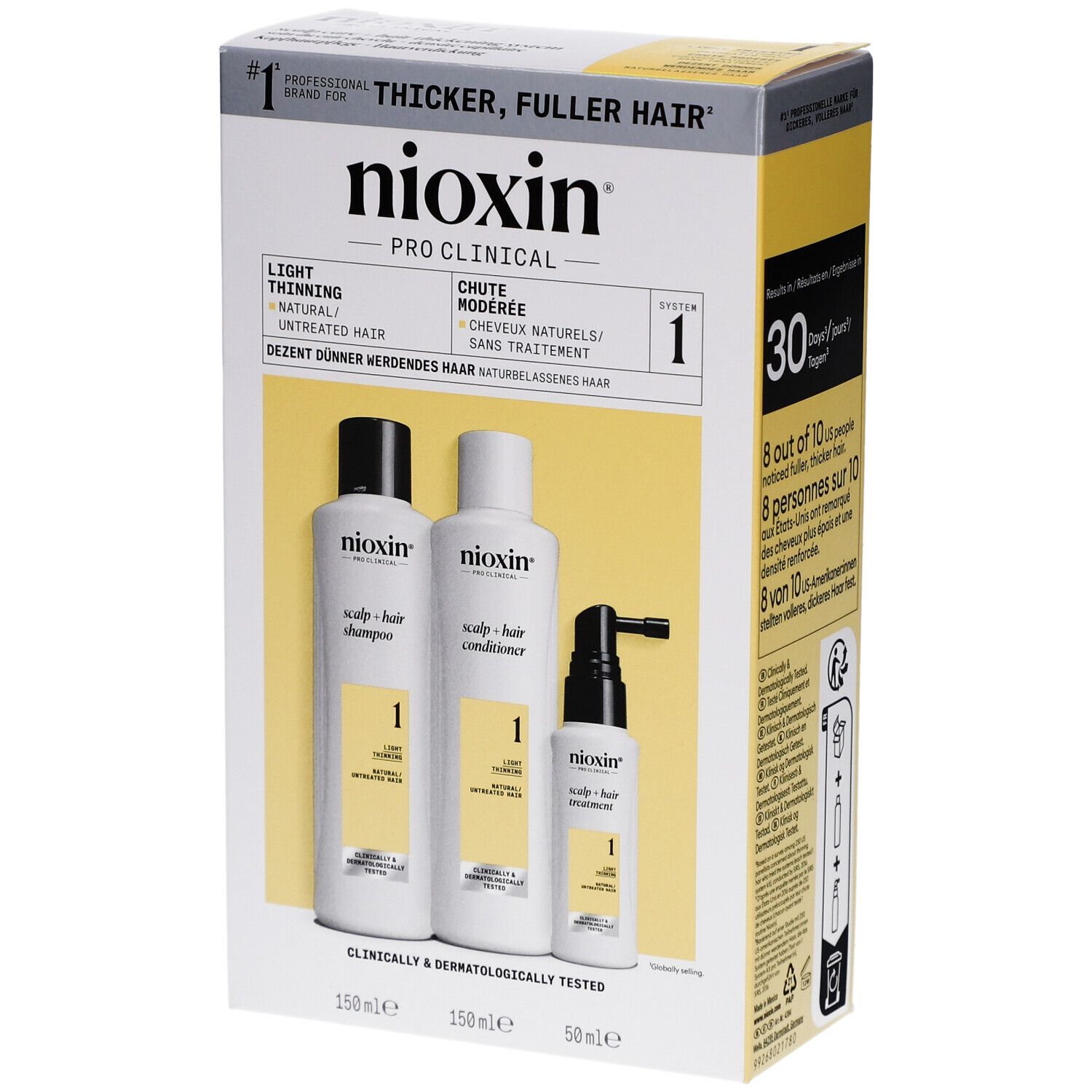 Nioxin Pro Clinical System 1 Kit. Bevat shampoo, conditioner en treatment. Verpakking met gele accenten.