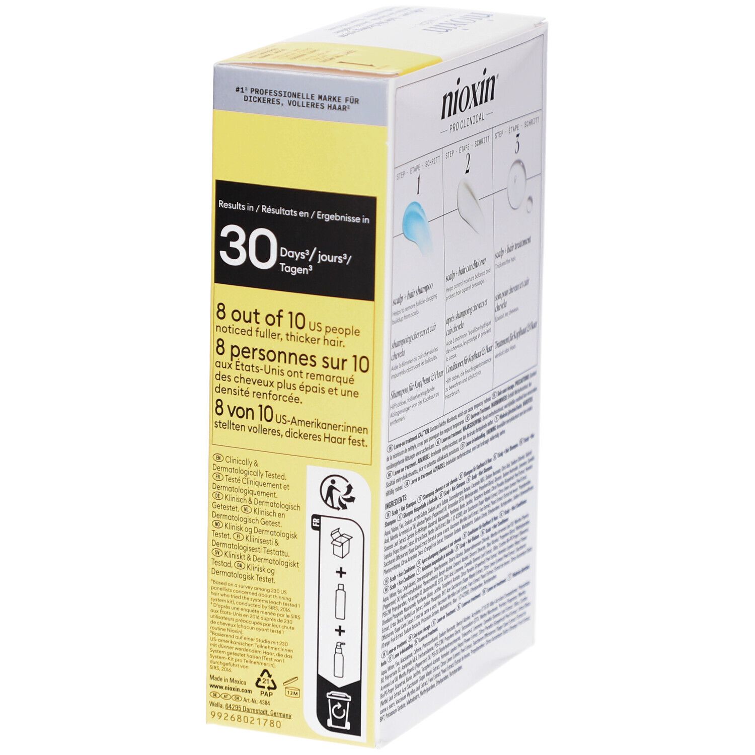 Nioxin Pro Clinical System 1 Kit. Verpakking met informatie over resultaten in 30 dagen.