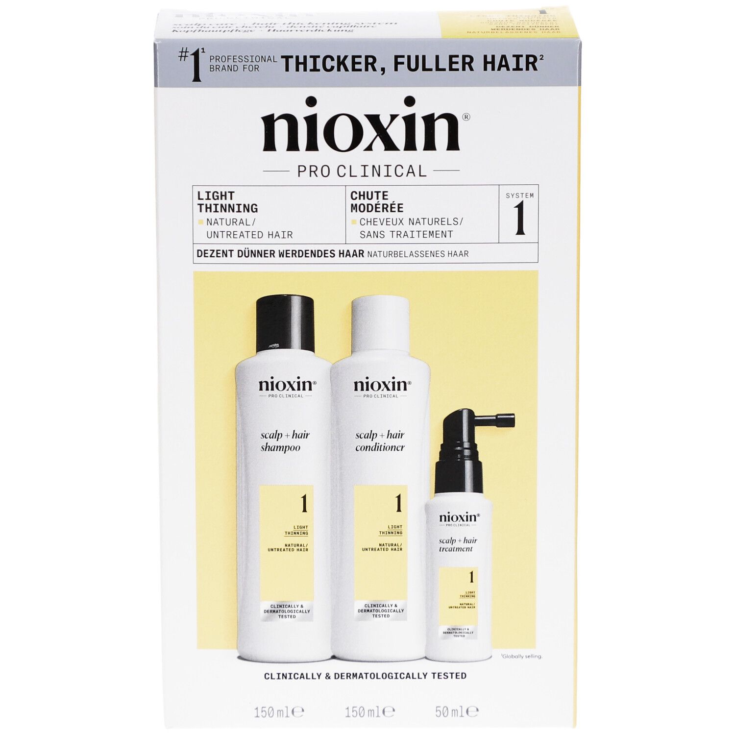 Nioxin Pro Clinical System 1 Kit. Bevat shampoo, conditioner en treatment. Verpakking met gele accenten.