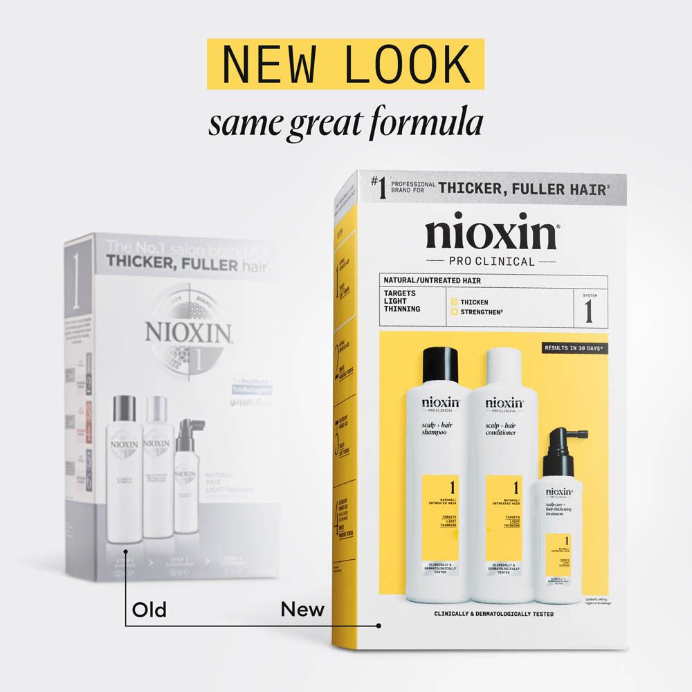 Nioxin Systeem 1: Shampoo, Conditioner, Treatment. Verpakking met productafbeelding.