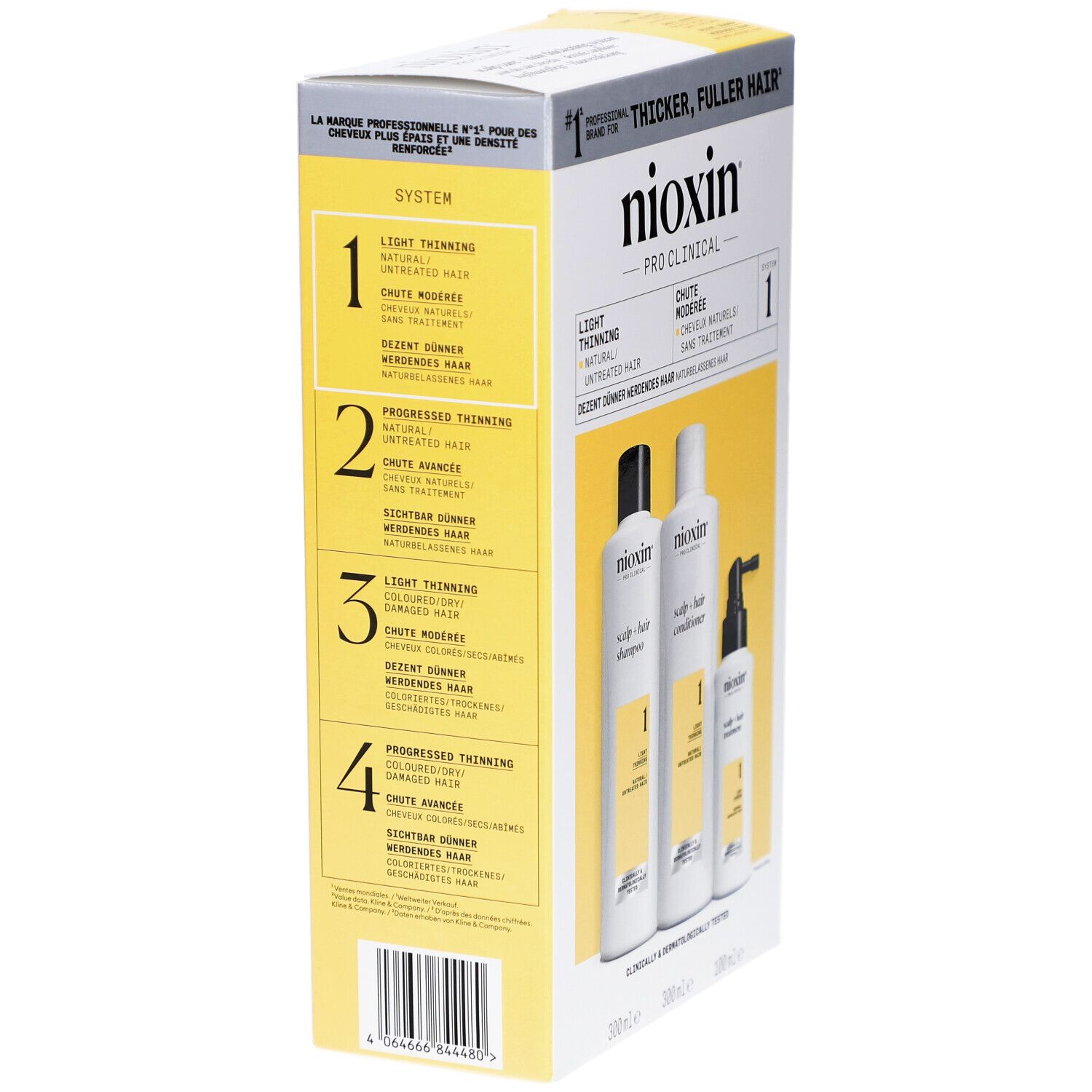 Zijaanzicht van de Nioxin-verpakking. Bevat shampoo, conditioner en treatment. Gele en witte elementen.