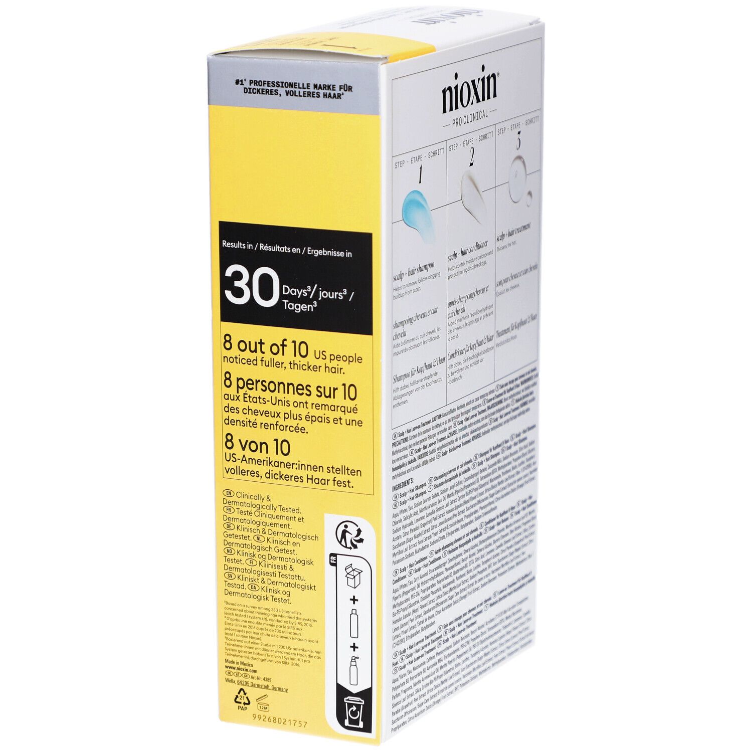 Nioxin-verpakking met tekst over resultaten in 30 dagen. Bevat shampoo, conditioner en treatment.