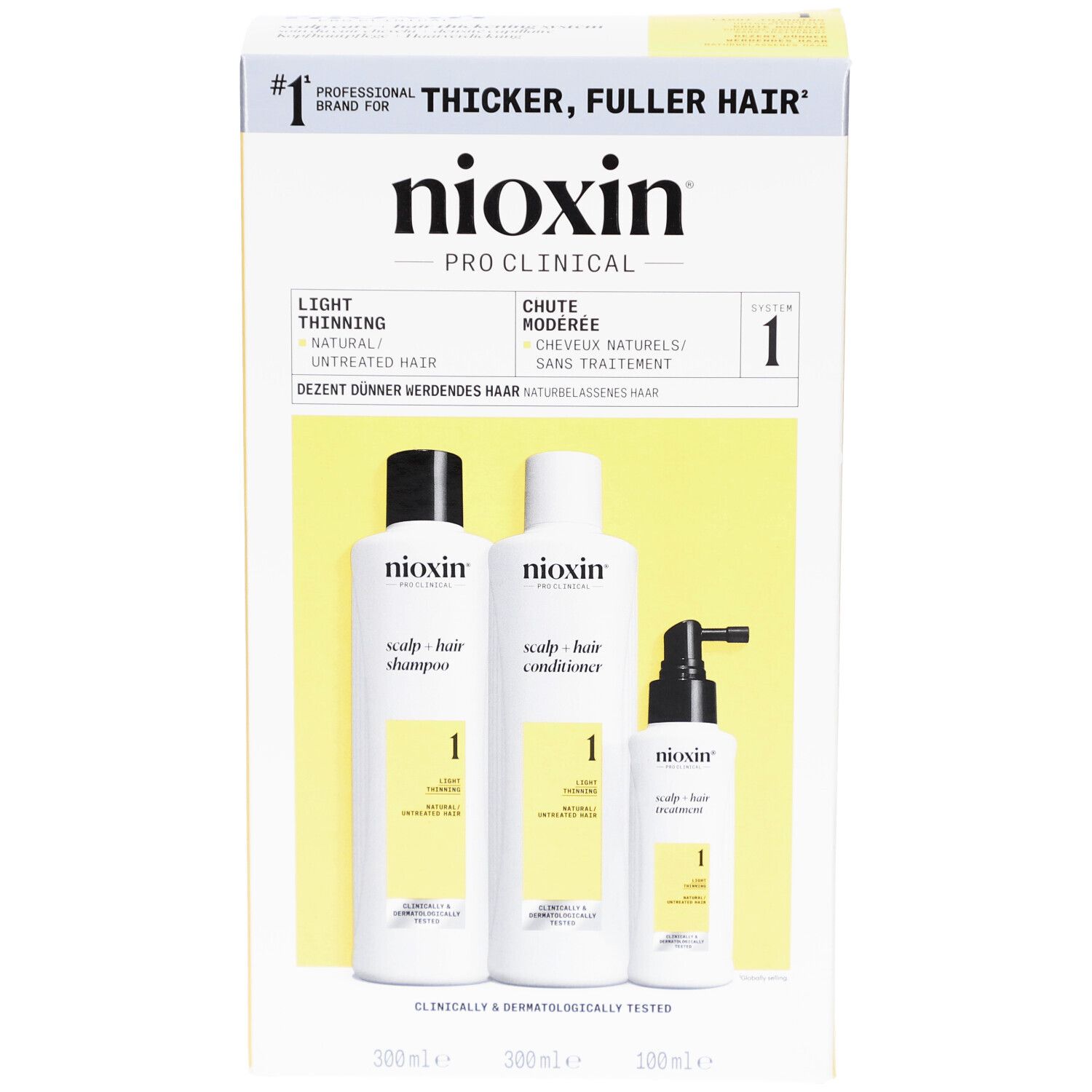 Nioxin-verpakking met shampoo, conditioner en treatment. Witte flessen met gele etiketten.
