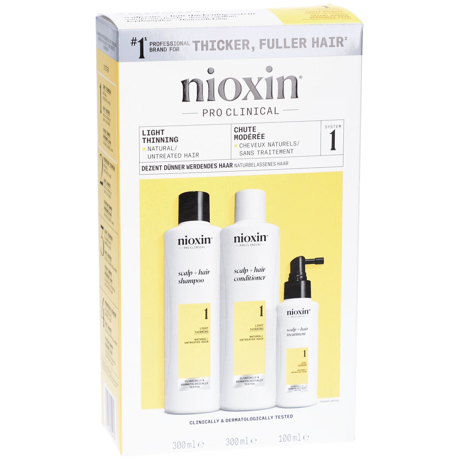 Nioxin-verpakking met shampoo, conditioner en treatment. Witte flessen met gele etiketten.