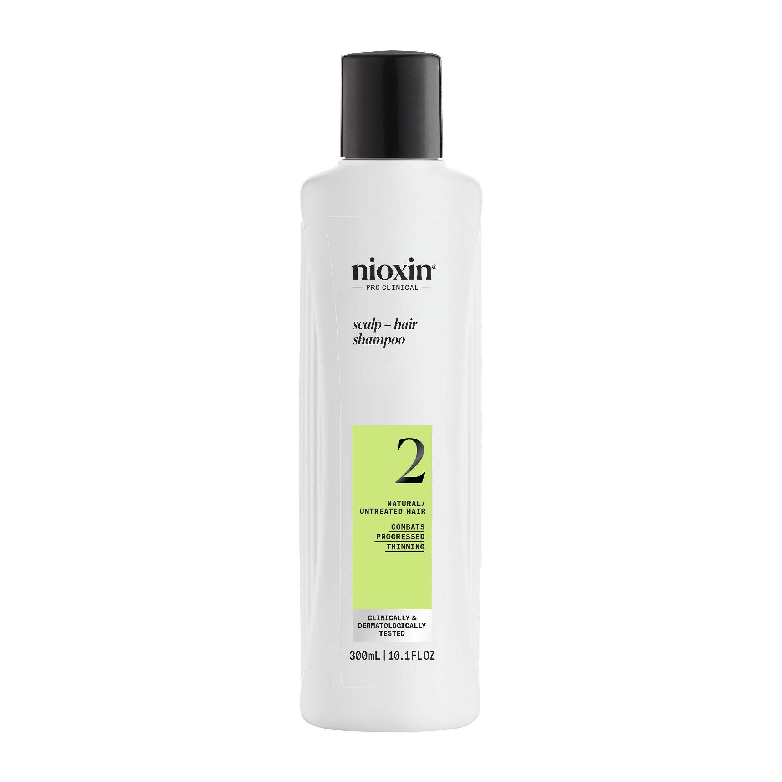 Flacon blanc, bouchon noir. Inscription: Nioxin, scalp + hair shampoo, 2, pour cheveux clairsemés. 300ml.