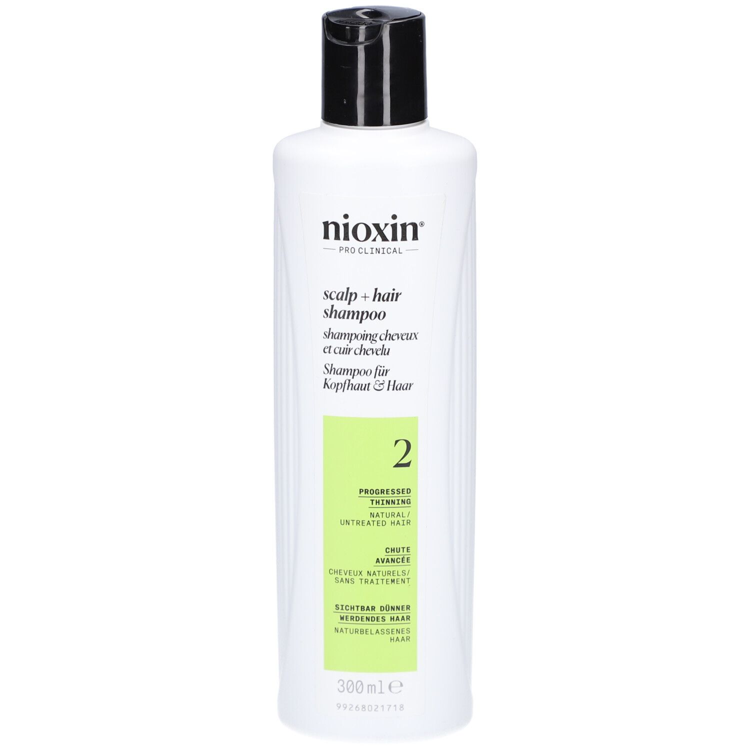 Flacon blanc, bouchon noir. Inscription: Nioxin, scalp + hair shampoo, 2, pour cheveux clairsemés. 300ml.