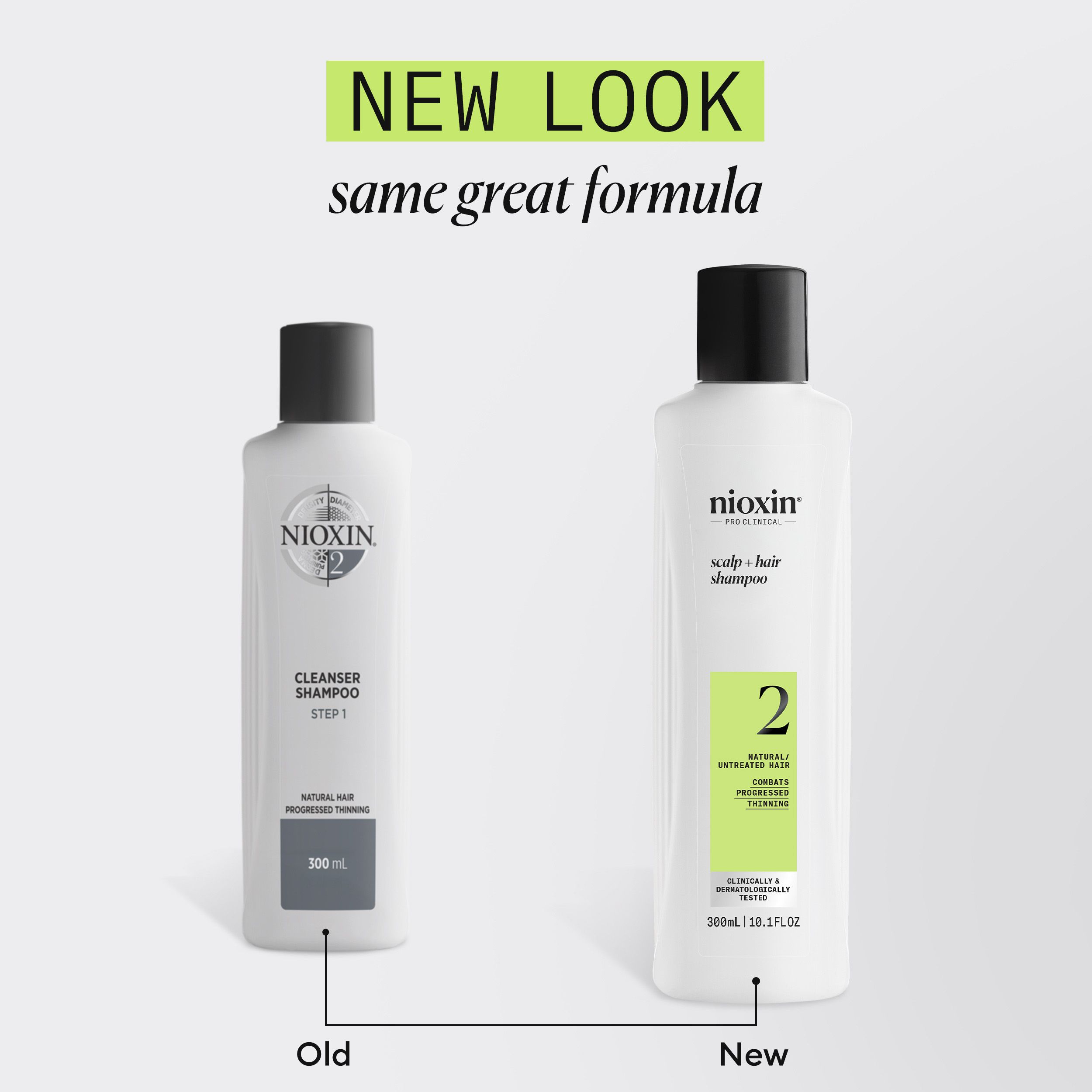 Comparaison: ancien et nouveau flacon. Nouveau flacon: Nioxin, scalp + hair shampoo, 2. Ancien flacon: Nioxin, Cleanser Shampoo, Step 1.
