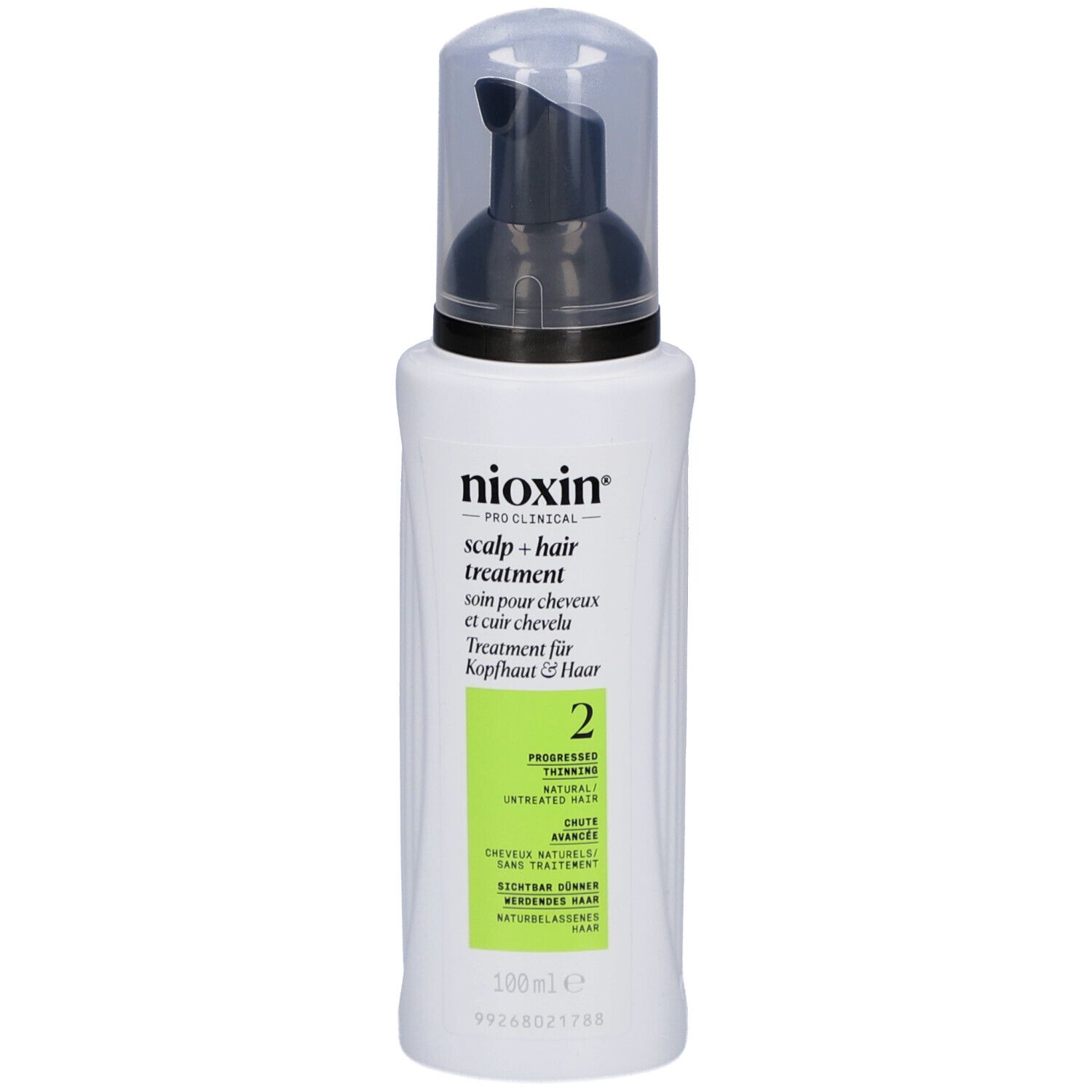 Witte fles met zwarte pomp. Opschrift: Nioxin, Scalp + Hair Treatment, 2. Groen gemarkeerd.
