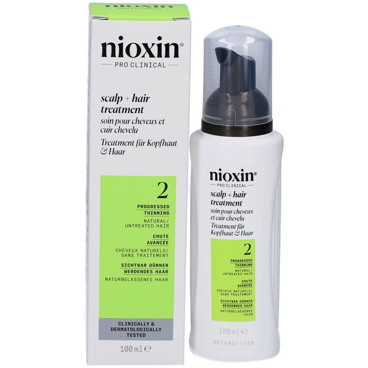 Productfles en verpakking. Opschrift: Nioxin, Scalp + Hair Treatment, 2. Groen gemarkeerd. 100ml.