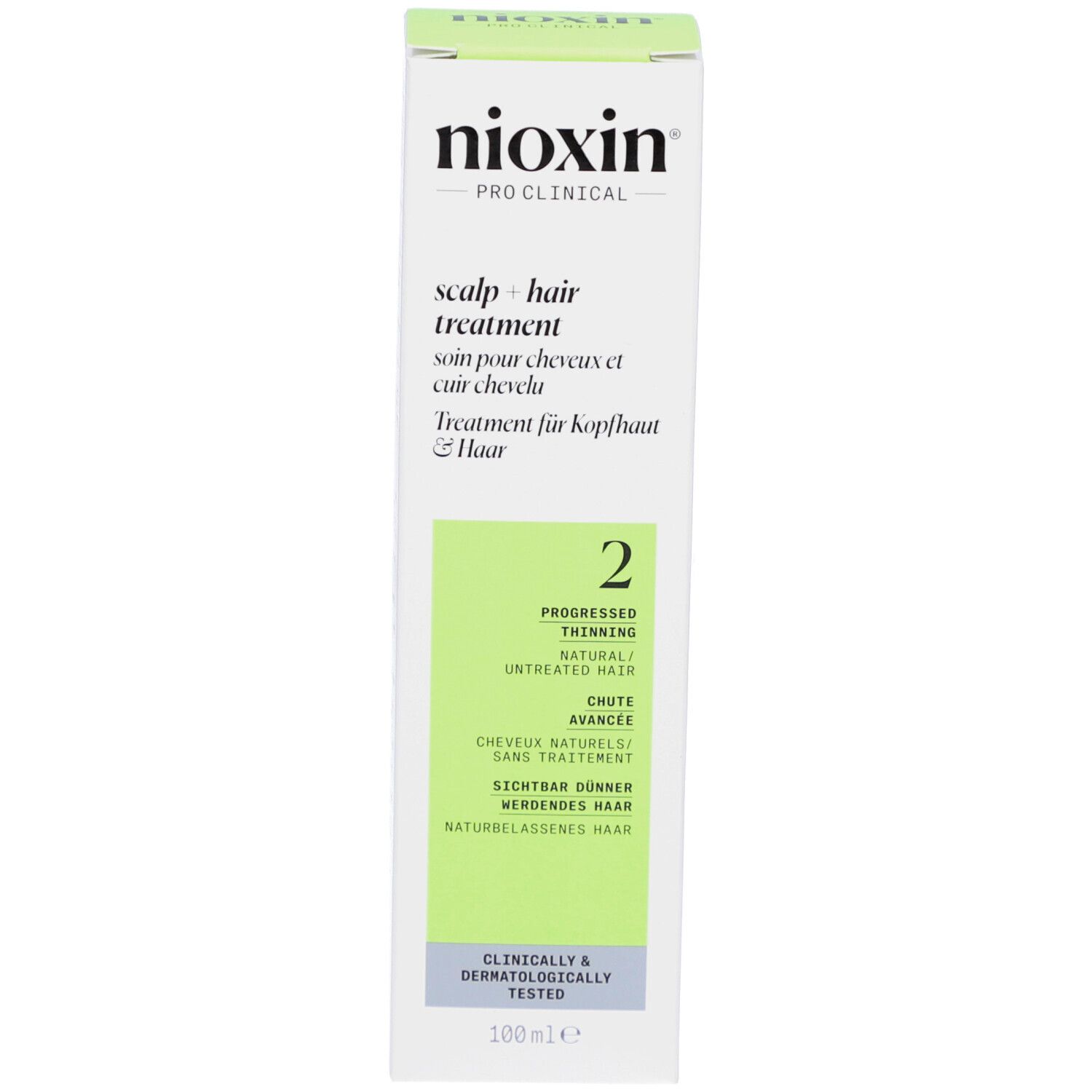 Verpakking van het product. Opschrift: Nioxin, Scalp + Hair Treatment, 2. Groen gemarkeerd. 100ml.