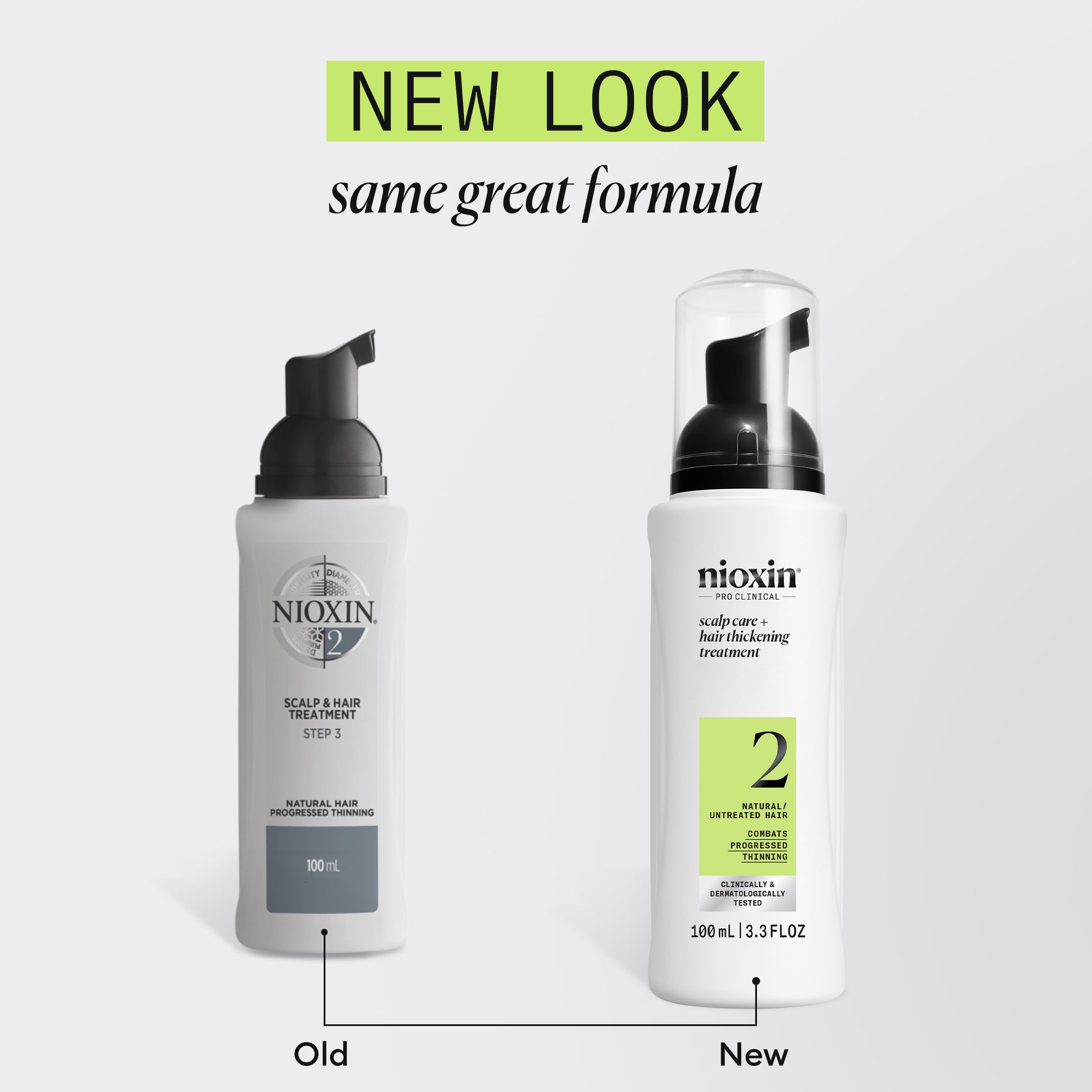 Vergelijking van twee flessen. Links: ouder ontwerp. Rechts: nieuw ontwerp. Opschrift: Nioxin, Scalp + Hair Treatment, 2.