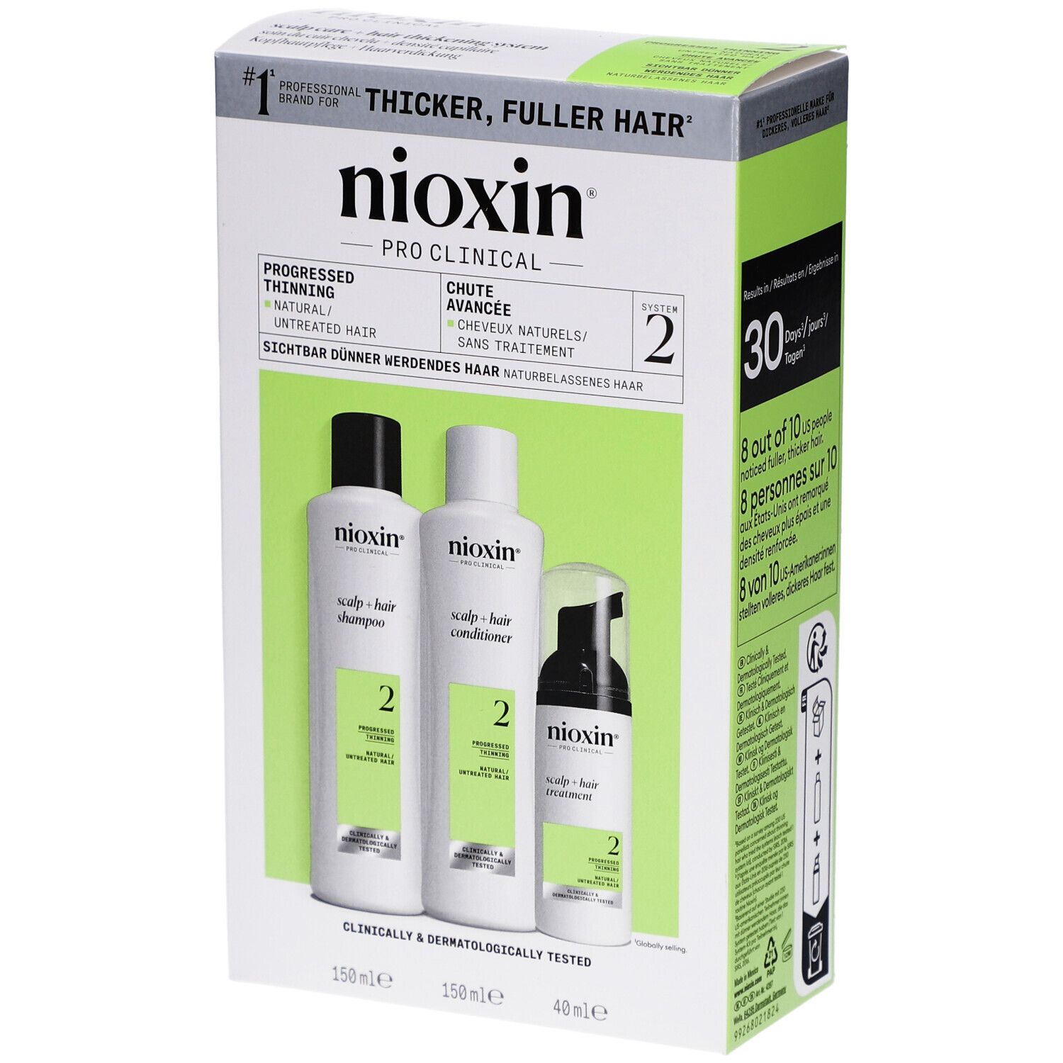 Nioxin System 2 Kit. Shampoo, conditioner en treatment. Verpakking met groene accenten. Klinisch en dermatologisch getest.